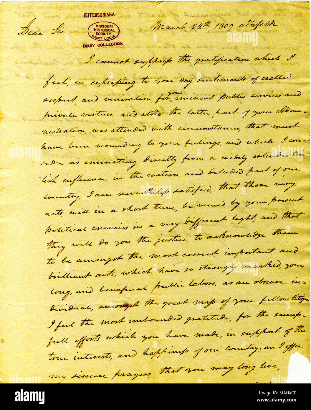 Drückt Gefühle der Hochachtung und Verehrung für öffentliche Jefferson's Services und private Tugenden. 47 "Umständen verwunden" der letzte Teil der Verwaltung, Attribute und Probleme zu britischen Einfluss. Titel: Brief unterzeichnet Larkin Smith zu Thomas Jefferson, 28. März 1809. 28. März 1809. Smith, Larkin Stockfoto