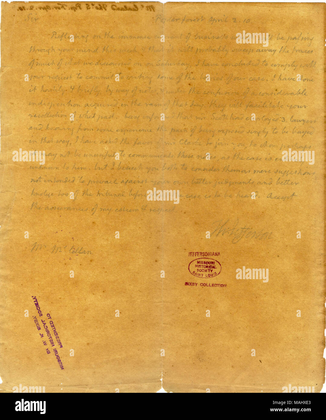 In Bezug auf ein Gesetz falle, und fügt Notizen seiner Erinnerung zu erleichtern. Titel: Brief unterzeichnet, den Thomas Jefferson Thomas S. McCleland [McCleland], 2. April 1810. 2. April 1810. Jefferson, Thomas, 1743-1826 Stockfoto