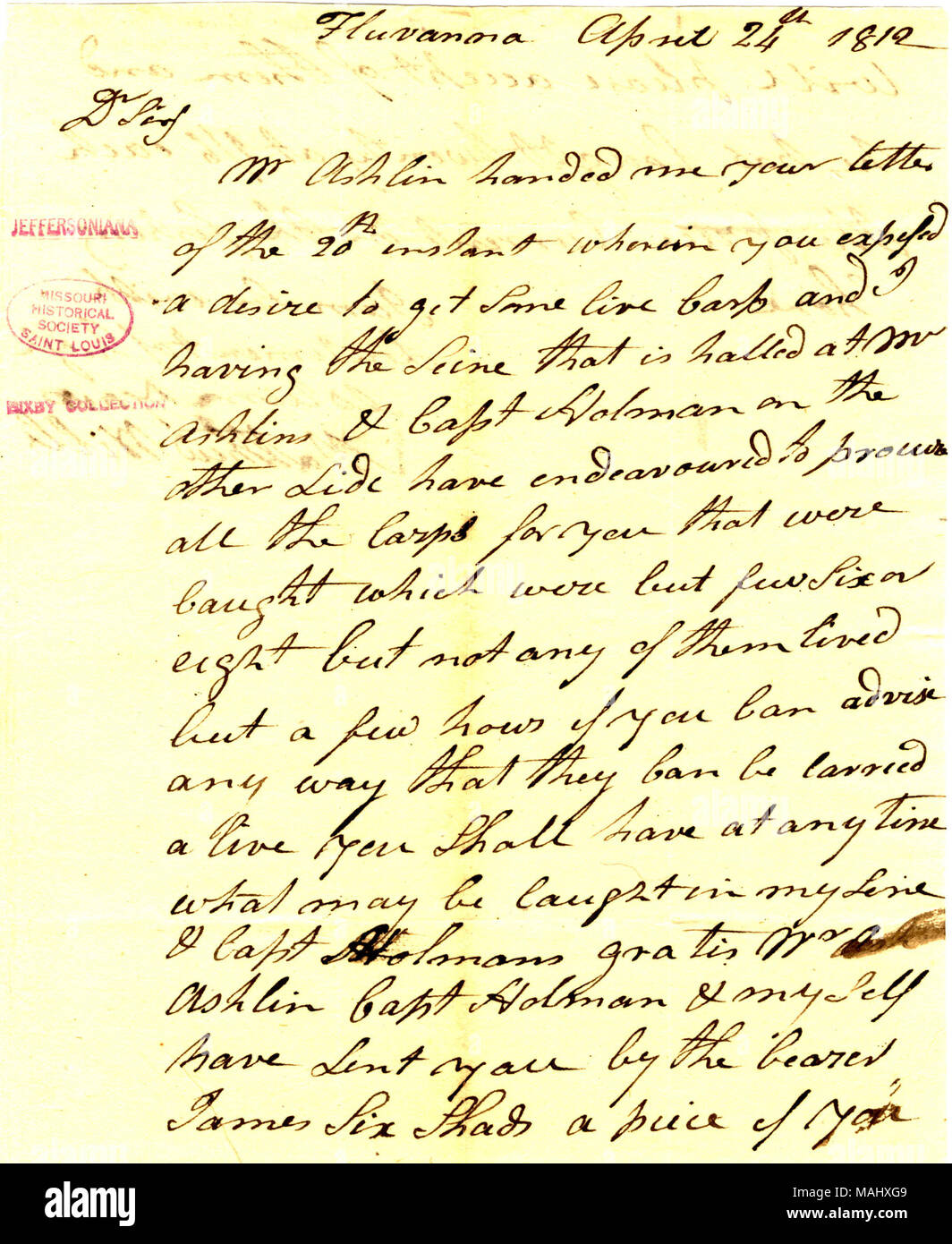 Mitgliedstaaten, die er von Jefferson's Wunsch nach einige lebende Karpfen gehört hat und wird einige beschaffen, wenn Jefferson beraten wie Sie lebendig durchgeführt werden. Titel: Brief unterschrieben Matthew Wills, Fluvanna, zu Thomas Jefferson, 24. April 1812. 24. April 1812. Wills, Matthew Stockfoto