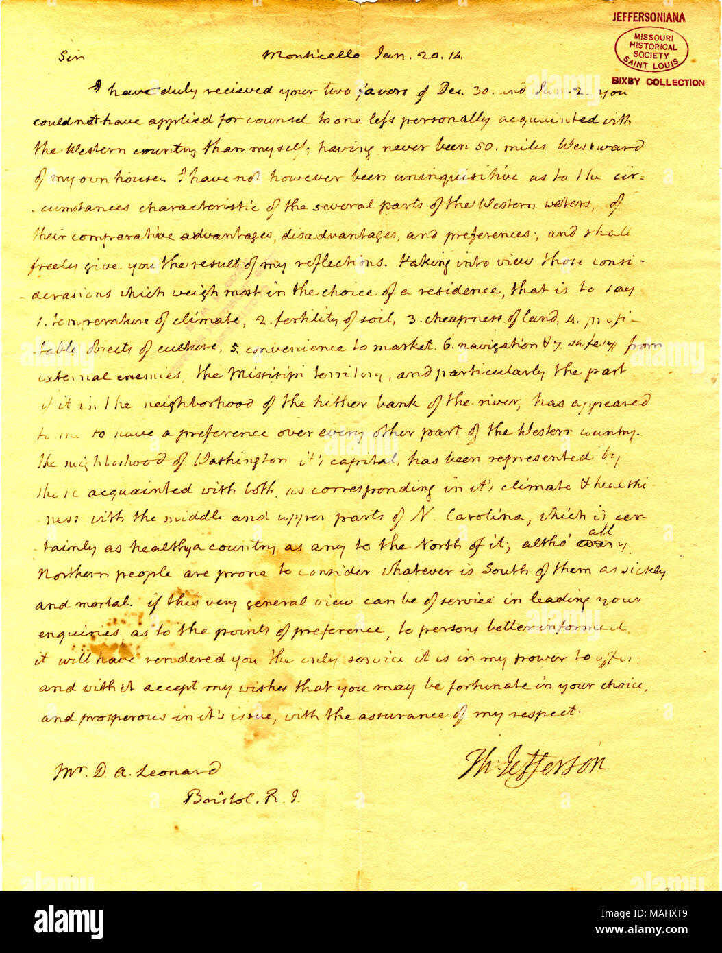 Gibt an, dass er denkt, dass der Mississippi Gebiet hat eine Präferenz gegenüber jedem anderen Teil der westlichen Länder. Titel: Brief von Thomas Jefferson, Monticello, David A. Leonard, Bristol, Rhode Island, 20. Januar 1814. 20. Januar 1814. Jefferson, Thomas, 1743-1826 Stockfoto