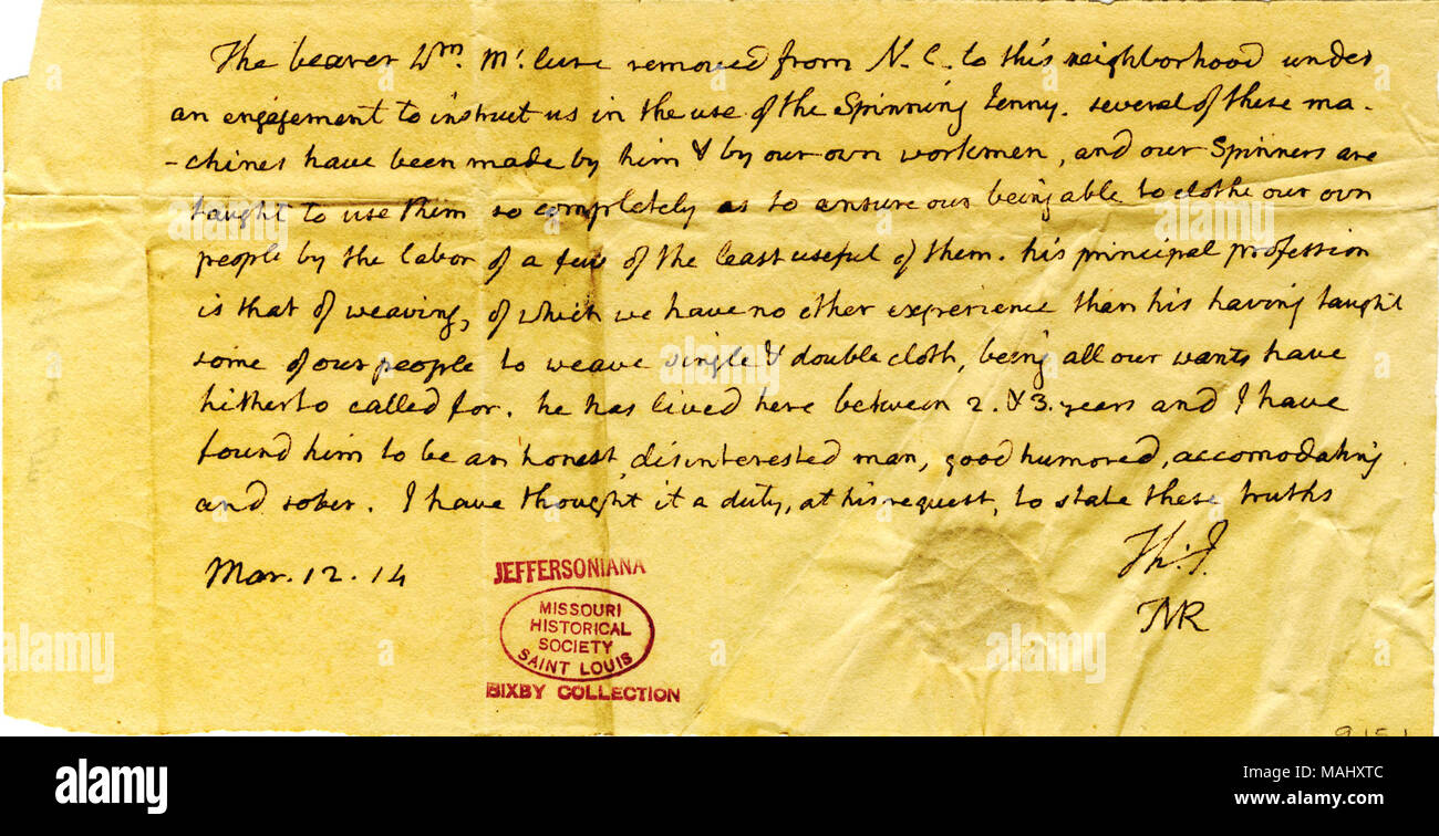 Erklärt, dass der Überbringer, William McClure, aus North Carolina zu Jefferson's Nachbarschaft [Monticello] entfernt, sie in die Verwendung der Spinning Jenny zu beauftragen. Titel: Hinweis von Thomas Jefferson [Initialen nur], 12. März 1814. 12. März 1814. Jefferson, Thomas, 1743-1826 Stockfoto