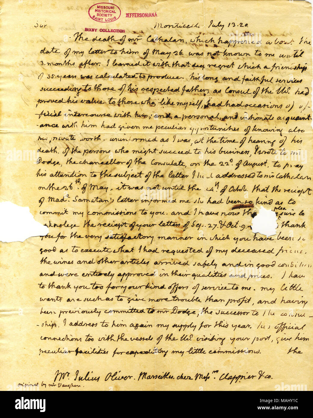 Spricht über den Tod von Herrn Cathalan mit tiefem Bedauern, und geht zu sagen, dass der Wein und anderen Artikeln sicher angekommen. Titel: Brief unterzeichnet Thomas Jefferson, Monticello, zu Julius Oliver, 13. Juli 1820. 13. Juli 1820. Jefferson, Thomas, 1743-1826 Stockfoto