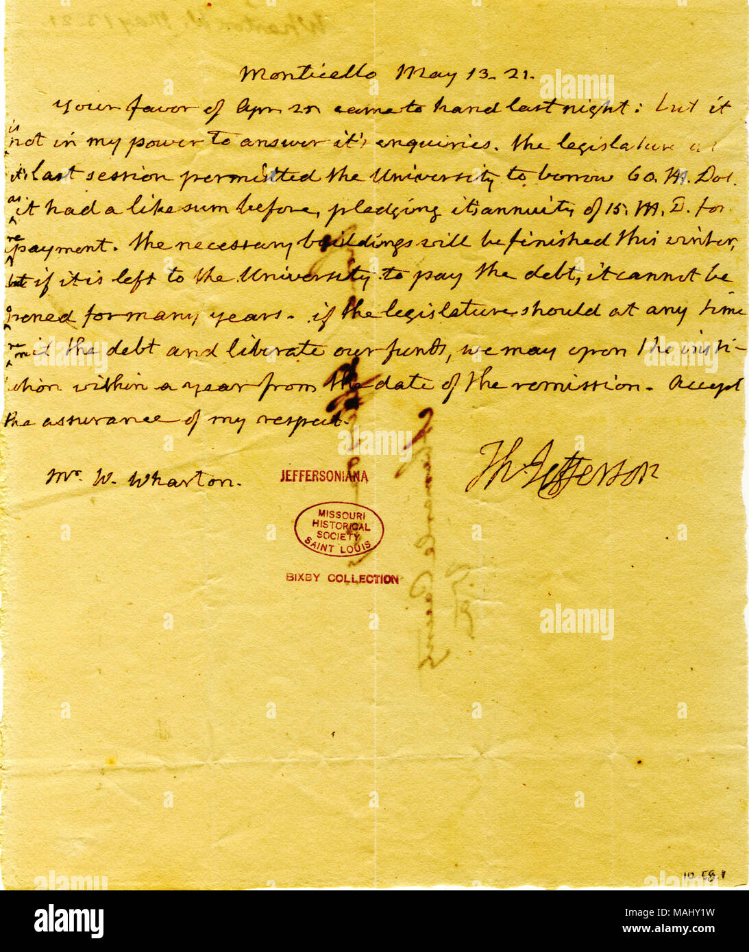 Gibt an, dass das Gebäude an der Universität von Virginia, dass Winter fertig sein, aber es ist nicht sicher, wenn es geöffnet wird. Titel: Brief unterzeichnet Thomas Jefferson, Monticello, William Wharton, 13. Mai 1821. 13. Mai 1821. Jefferson, Thomas, 1743-1826 Stockfoto