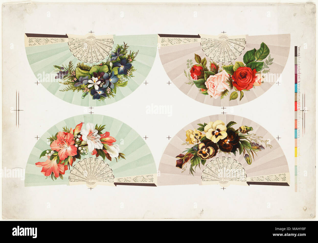 07 11 000505 Titel: Vier Ventilatoren mit Blumenschmuck Creator/Contributor: L. Prang & Co (Publisher) Datum der Ausgabe: 1861-1897 (ca.), physische Beschreibung Hinweis: Genre: Chromolithographs; Noch leben druckt Hinweise: Titel von Cataloger'. Ort: Boston Public Library, auf 2011-08-07: Kamera: Sinar AG Sinarback 54 FW, Sinar m Stockfoto