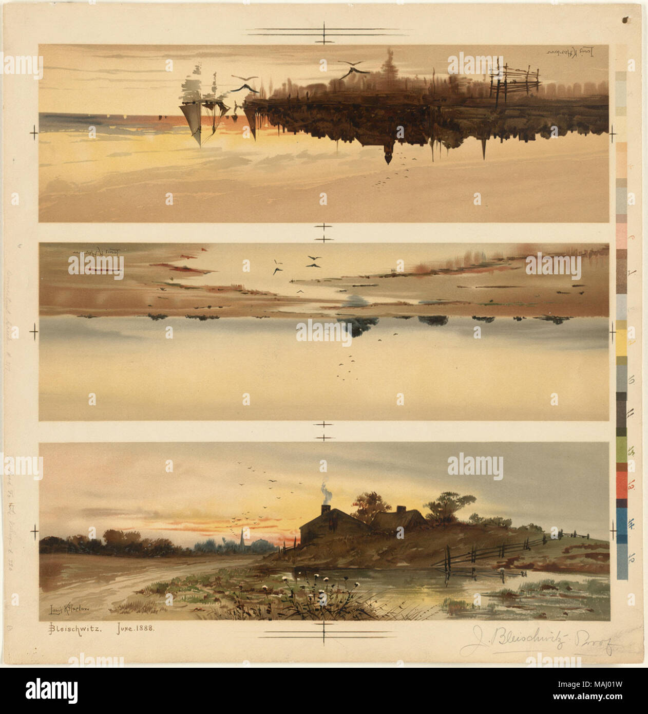 Dateiname: 07 11 001120 Titel: Drei Landschaften auf einem Blatt Creator/Contributor: Harlow, Louis K. (Louis Kinney), 1850-1913 (Künstler); L.Prang & Co (Publisher) Datum der Ausgabe: 1861-1897 (ca.), physische Beschreibung Hinweis: Proof Print Genre: Chromolithographs; Landschaft Drucke; Marine Drucke; Nachweise Anmerkungen: Titel von Cataloger'. Ort: Boston Public Library, auf 2011-08-04: Kamera: Sinar AG Sinarback 54 FW, Sinar m Stockfoto