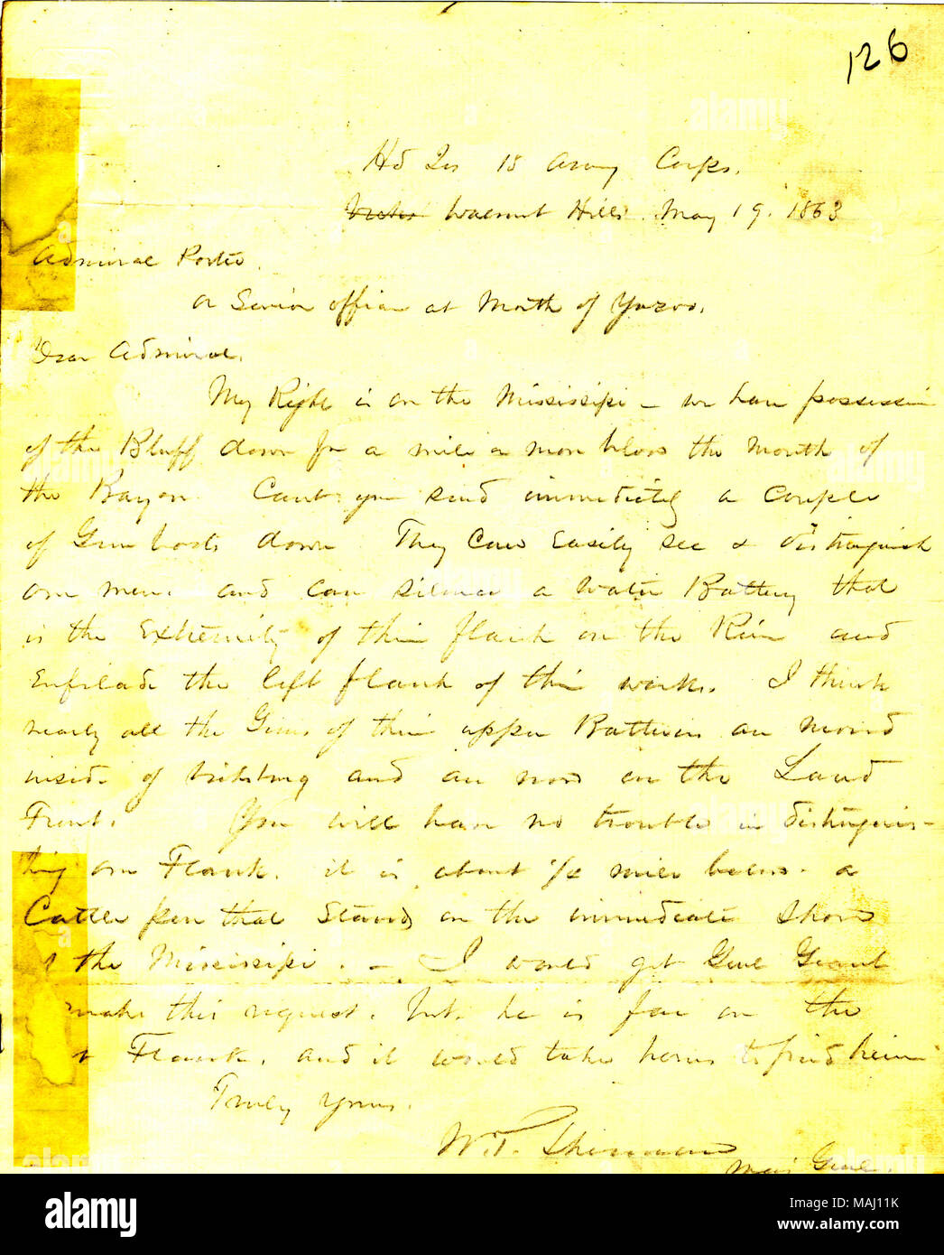 Mitgliedstaaten, 'My Rechts ist auf dem Mississippi. Wir haben Besitz der Täuschung für eine Meile oder mehr unterhalb der Mündung des Bayou. Kann sie nicht sofort senden ein paar Kanonenboote unten? Ǫ" Titel: Brief von W.T. Sherman, Hauptquartier, 15. Armee Korps, Walnut Hills, David D.] Porter, 19. Mai 1863 auf [. 19. Mai 1863. Sherman, William T. (William Tecumseh), 1820-1891 Stockfoto