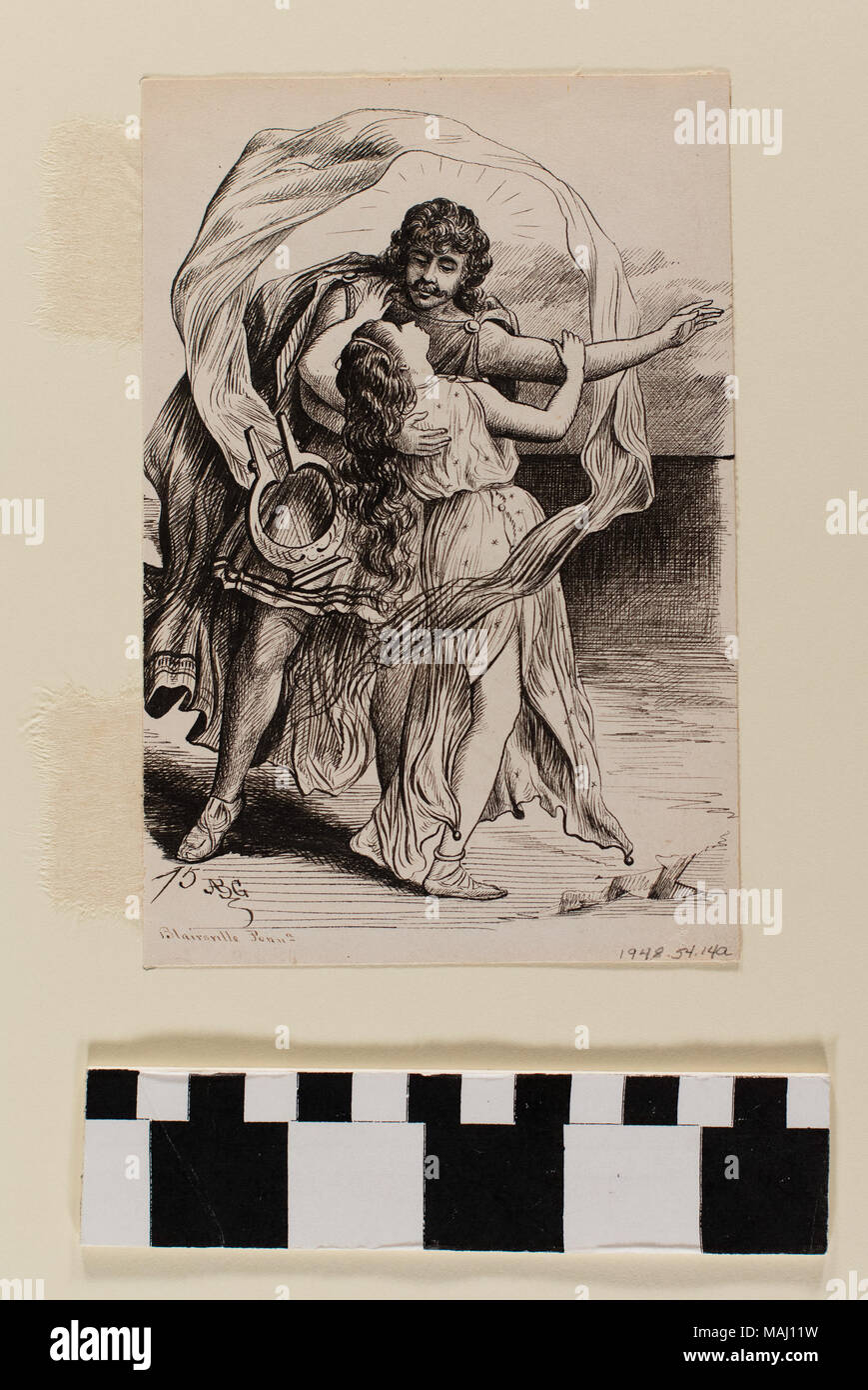 Zwei Tuschezeichnungen, die auf jeder Seite des Off-white paper. Eine Seite ist Mann mit Frau in Waffen, Reverse ist der Mensch mit dem Kopf in den Händen. Titel: Zwei Tuschezeichnungen von A.B. Greene. 1875. Greene, A.B., 1849-1919 Stockfoto