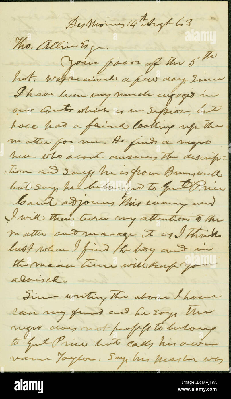 In Bezug auf Angelegenheiten mit einem entflohenen Sklaven in Iowa zu tun gefunden. Titel: Brief unterzeichnet M.D.M. Henry, Des Moines, Thomas Allin, August 14, 1863. 14. August 1863. Henry, M.D.M. Stockfoto