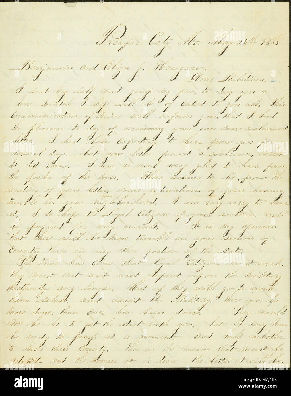 Betrifft camp Nachrichten und Kommentare zu Lincolns Emanzipation-Proklamation. Beschreibt das politische Klima und die Unsicherheiten in den Teilen von Missouri. Transkription: Pacific City Mo. 24.05.2010 1863 Benjamin und Eliza J. Haregrave, liebe Angehörige, ich mein Selbst und mein Stift fassen Sie Sitz, sie auf eine Linie fallen whitch, wie ich hoffe, der Entrest an Sie alle, diese Mitteilung von mir wird Sie darüber informieren, dass ich hatte das Vergnügen, Tag nach Erhalt Ihrer einmal mehr begrüßt schreiben, ich hatte erwartet, von Ihnen für mehrere Tage zu hören, aber Ihr Brief fand ein Willkommen, wenn es gekommen ist. Ich wurde als Asal [?] sehr froh Stockfoto