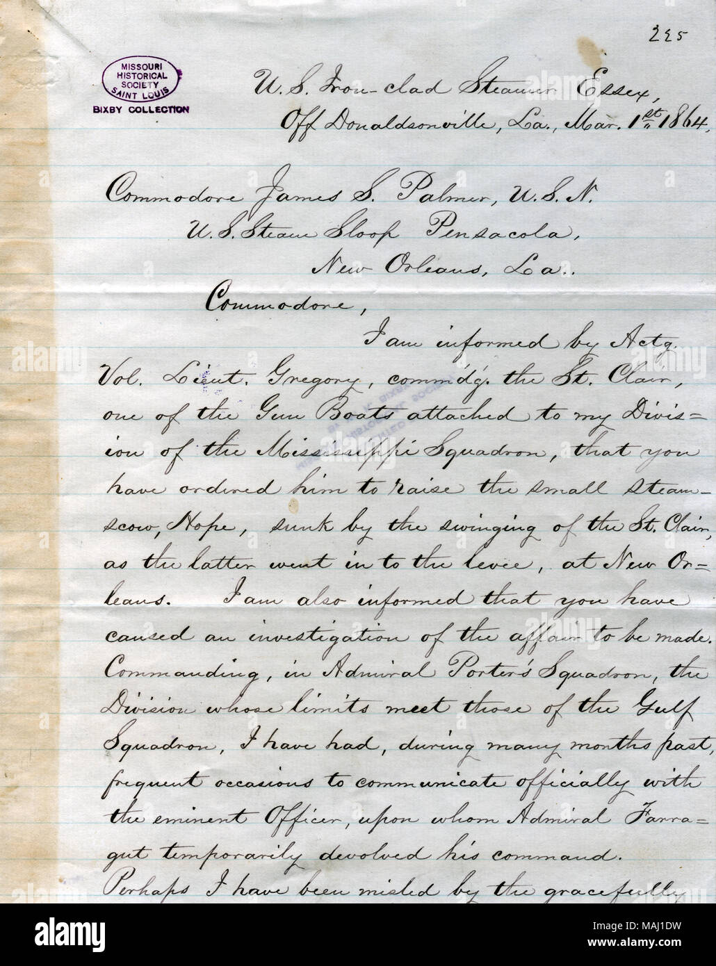 Erwähnungen der Untergang der Dampf Kahn Hoffnung in eine Kollision mit dem St. Clair. Titel: Brief von Robert Townsend, US, eisernen Dampfer Essex, aus Donaldsonville, Louisiana, mit dem Commodore James S. Palmer, 1. März 1864. 1. März 1864. Townsend, Robert Stockfoto