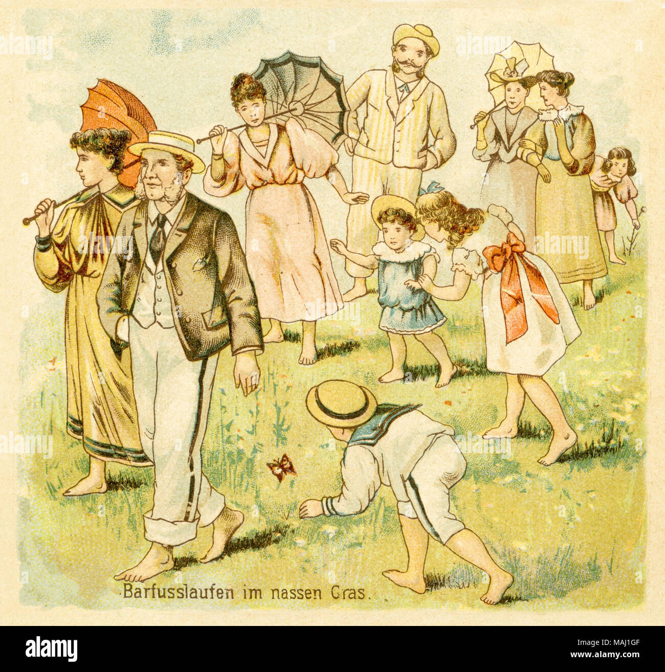 Kneipp Therapie: Barfuß im nassen Gras. Von einem naturopathic Lehrbuch des 19. Jahrhunderts, veröffentlicht 1900 Stockfoto