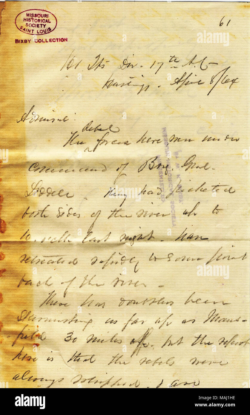 Kurz Berichte auf Scharmützel mit den Rebellen. Titel: Brief von Thos. Kilby Smith, Hauptquartier, 17. Armee Korps, Hastings, David D.] Porter, 8. April 1864 auf [. 8. April 1864. Smith, Thomas Kilby Stockfoto