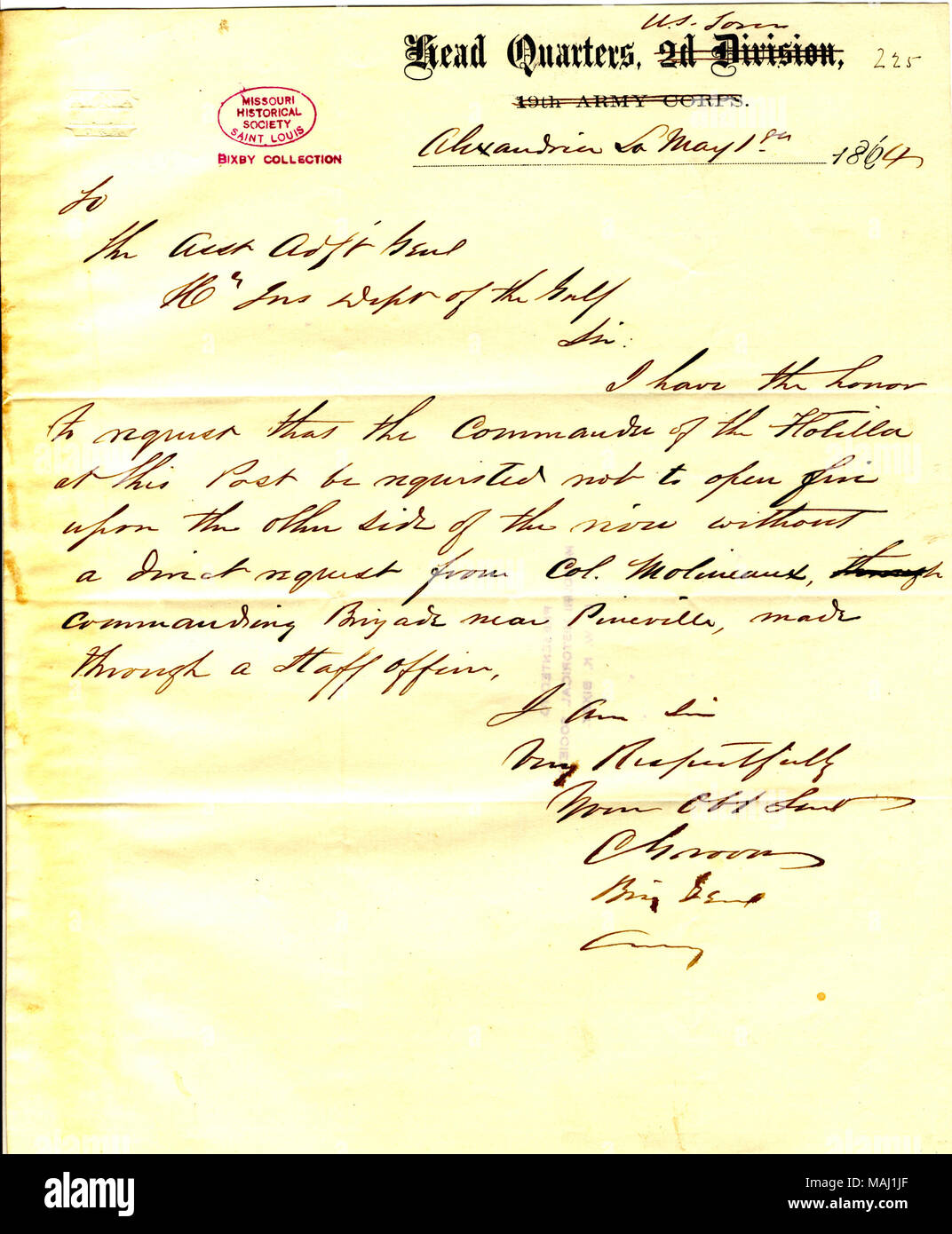 Anfragen", dass der Kommandeur der Flottille von diesem Post angefordert werden nicht Feuer auf der anderen Seite des Flusses ohne eine direkte Anfrage von Col. Molineaux zu öffnen, kommandierenden Brigade in der Nähe von Pineville? Ǫ' Titel: Schreiben von C. Grover, Sitz der US Streitkräfte, Alexandria, Louisiana, der Assistant Adjutant General, Zentrale, Abteilung des Golfes, 1. Mai 1864. 1. Mai 1864. Grover, C. Stockfoto