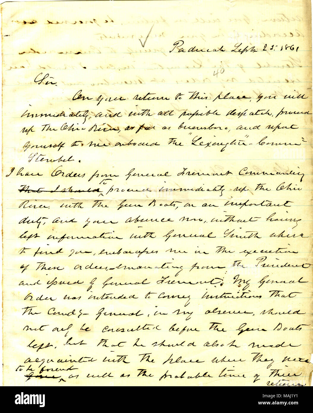 Titel: Brief von A. H. Foote, Paducah, Kentucky, Seth Ledyard Phelps, US S. Conestoga, 25. September 1861. 25. September 1861. Foote, Andrew H. (Andrew Hull), 1806-1863 Stockfoto