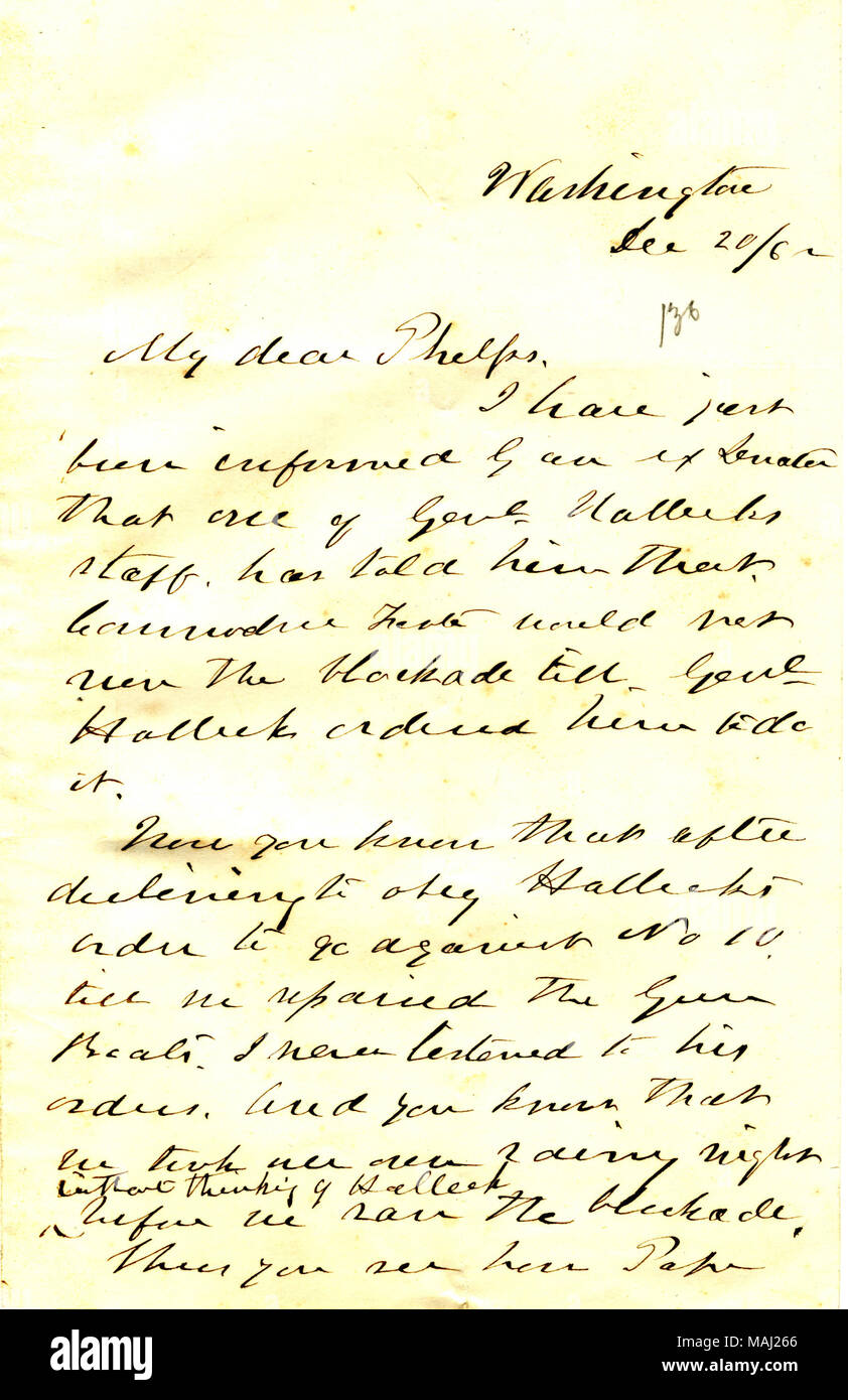 Titel: Brief von A. H. Foote, Washington, D.C., Seth Ledyard Phelps, 20. Dezember 1862. 20. Dezember 1862. Foote, Andrew H. (Andrew Hull), 1806-1863 Stockfoto