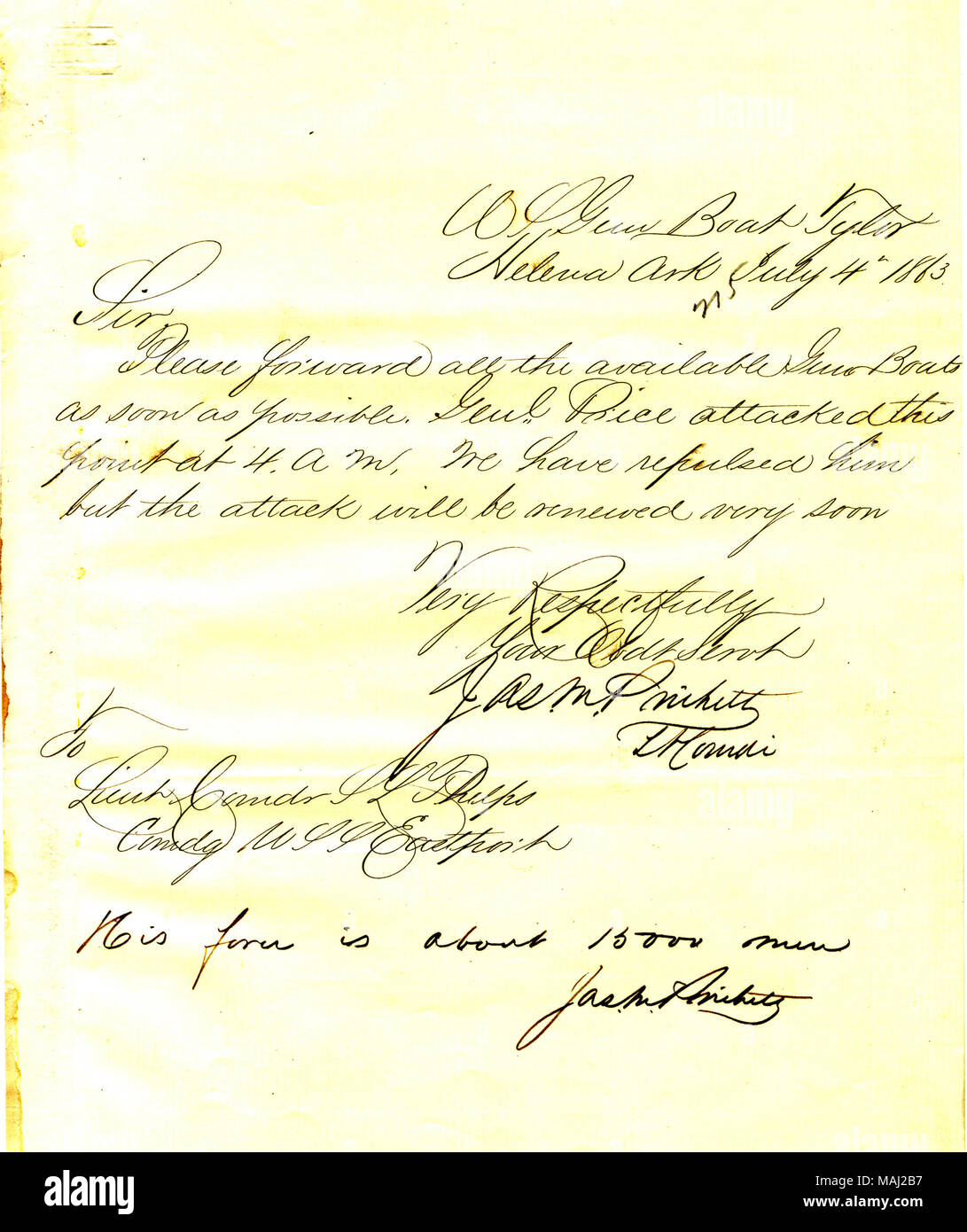 Zugriffe alle verfügbaren Kanonenboote Angriff durch allgemeine Preis zur Repulse. Titel: Brief von James M. Prichett, US S. Tyler, Helena, Arkansas, Seth Ledyard Phelps, Befehlen US S. Napoli, 4. Juli 1863. Vom 4. Juli 1863. Prichett, James M. Stockfoto