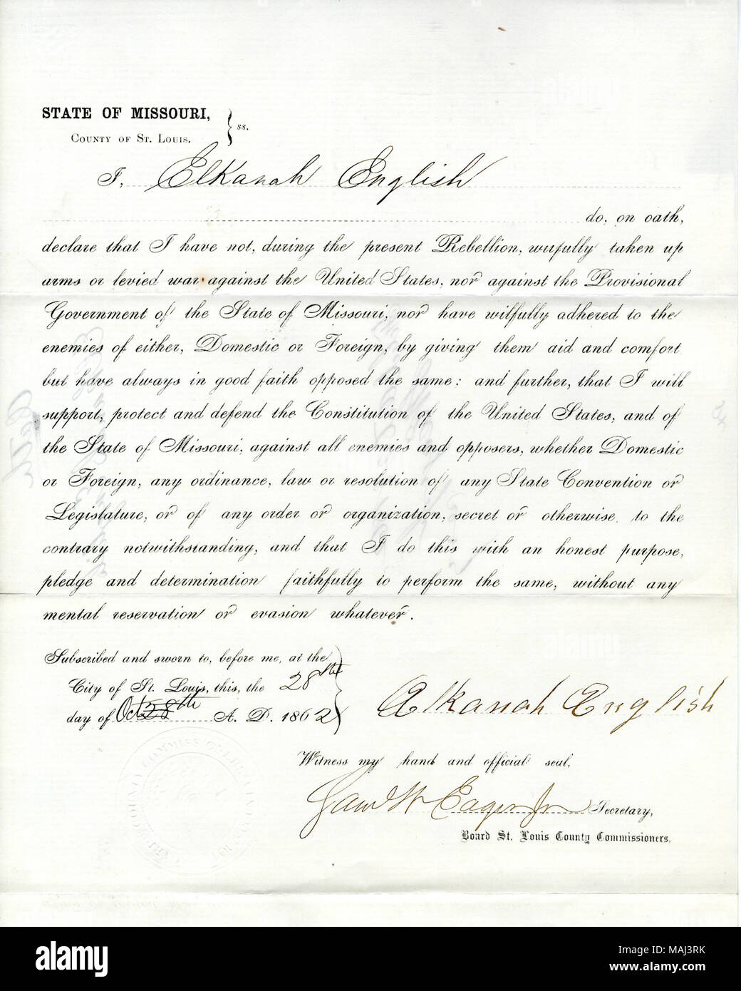 Schwört den Eid der Treue gegenüber der Regierung der Vereinigten Staaten und des Staates Missouri. Titel: Treue Schwur von elkana Englisch von Missouri, Grafschaft von St. Louis. 28. Oktober 1862. Englisch, Elkahan, 1788-1866 Stockfoto