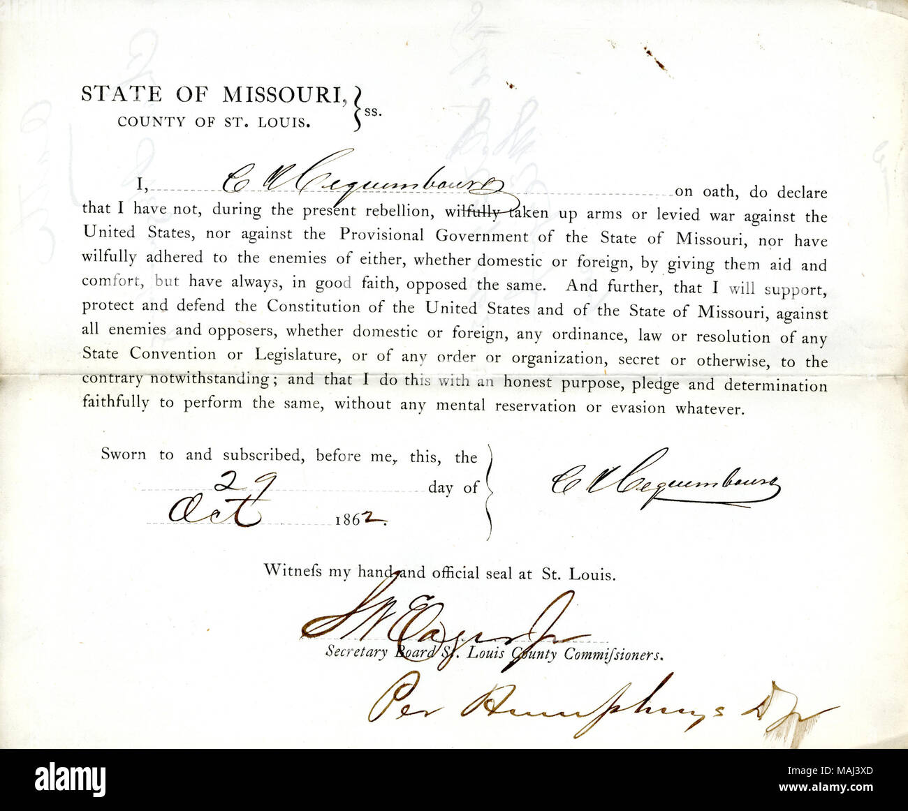 Schwört den Eid der Treue gegenüber der Regierung der Vereinigten Staaten und des Staates Missouri. Titel: Treue Schwur von Chas. Hequembourg von Missouri, Grafschaft von St. Louis. 29. Oktober 1862. Hequembourg, Chas. Stockfoto