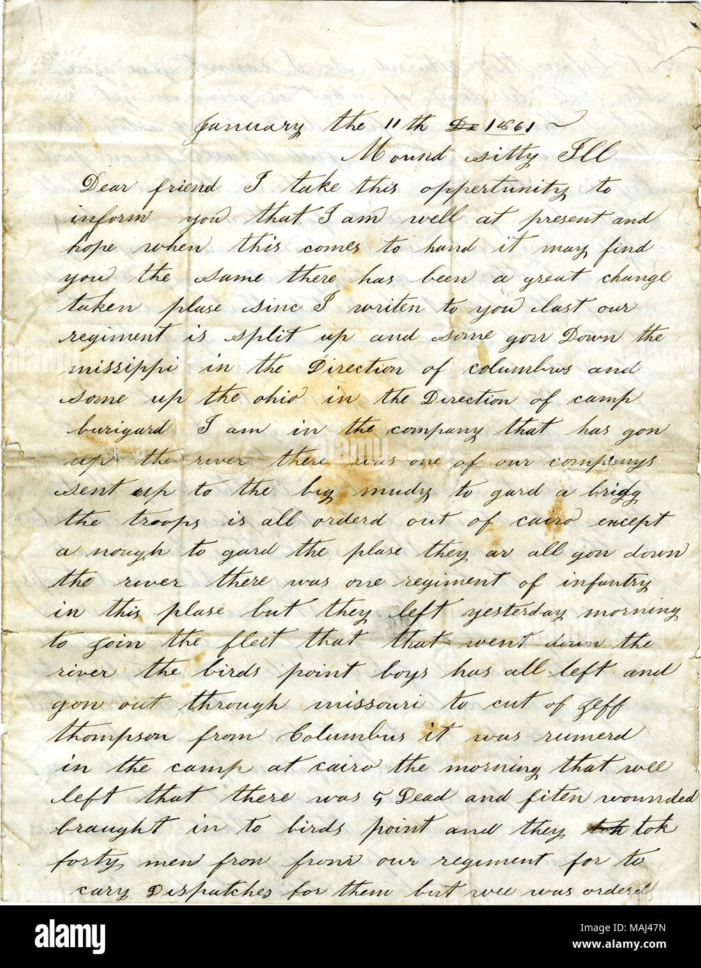 Erwähnt, dass sein Regiment aufgeteilt wurde. Transkription: Januar 11 De 1861 [1862] Damm sitty [Mound City] krank Lieber Freund ich diese Gelegenheit ergreifen, Ihnen mitteilen zu können, dass ich gut bin, und hoffe, dass bei diesem kommt es zur Hand, können Sie finden, es ist eine große Veränderung plase seit ich euch geschrieben zuletzt unser Regiment aufgeteilt und einige gon Auf dem missippi [Mississippi] in Richtung Columbus und einige bis die Ohio in Richtung camp Beuregard burigard [Lager], die ich in der Firma, hat sich Gon am Fluss Es war einer unserer companys bis an die Große mudy zu Gard bin. Stockfoto