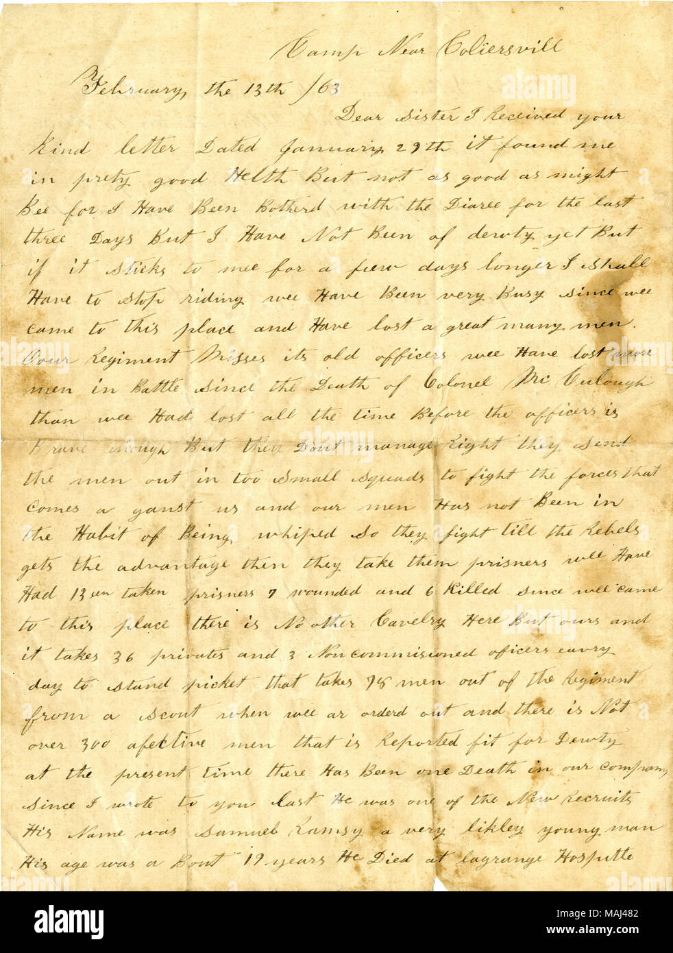 Erwähnt, Opfer, Politik, und General Sherman. Transkription: Camp in der Nähe von Coliersvill [Collierville] Februar 13./63 Liebe Schwester erhielt ich Ihr Schreiben vom 29. Januar habe ich gefunden in Schönen guten Helth aber nicht so gut wie Nacht Biene für ich Botherd haben mit dem Diaree [Durchfall] für die letzten drei Tage, aber ich habe nicht von dewty noch gewesen aber wenn es haftet für ein paar Tage mee mehr werde ich zu stoppen, wir wurden sehr beschäftigt seit frühen kam zu diesem Ort und haben verloren, viele Männer unser Regiment vermisst seine alte Offiziere wee Haben mehr Männer im Kampf seit dem Tod von verloren Stockfoto