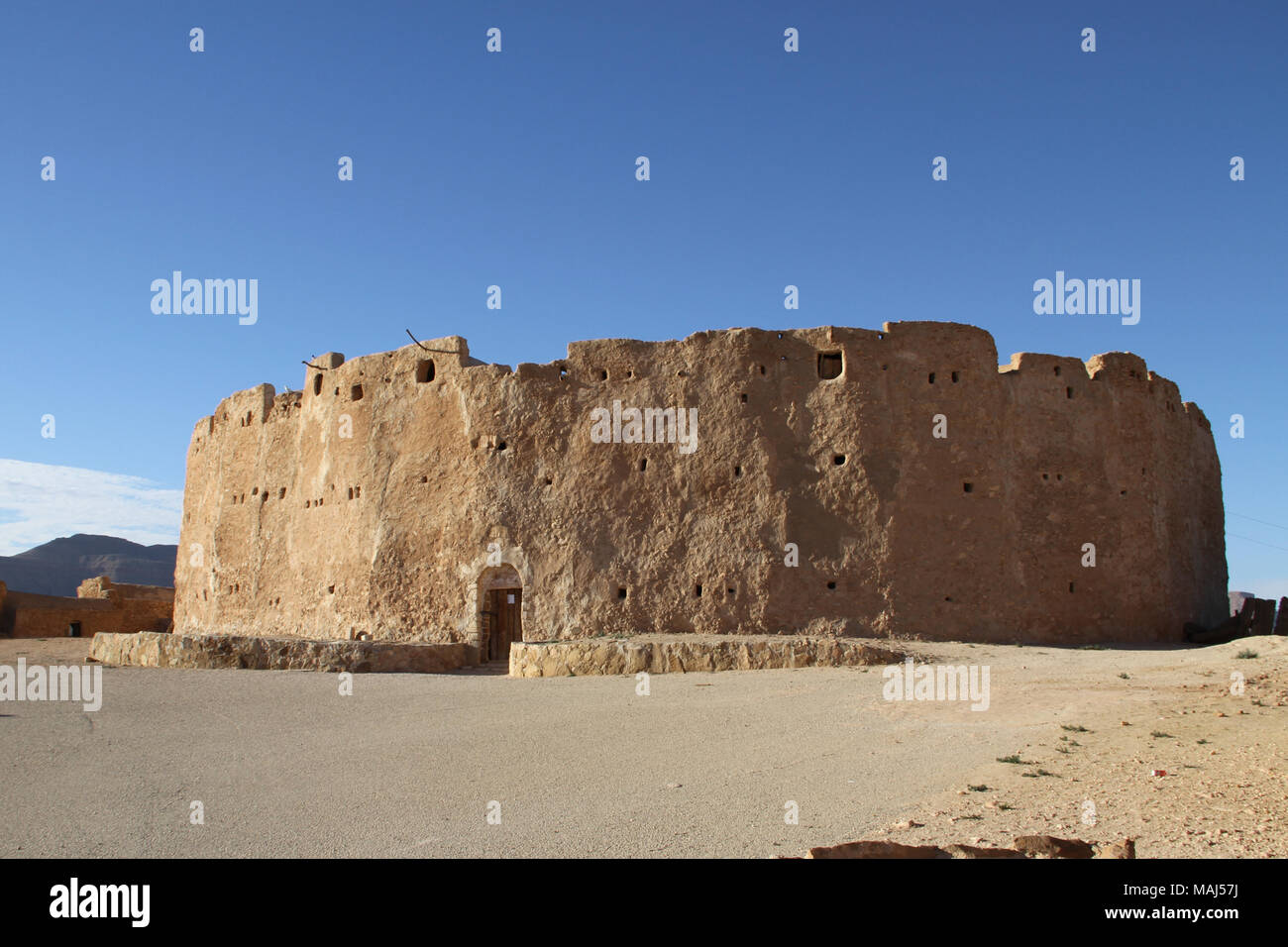 Externe Ansicht von kreisförmigen befestigte Kornkammer der Gasr Al-Hājj, Libyen Stockfoto
