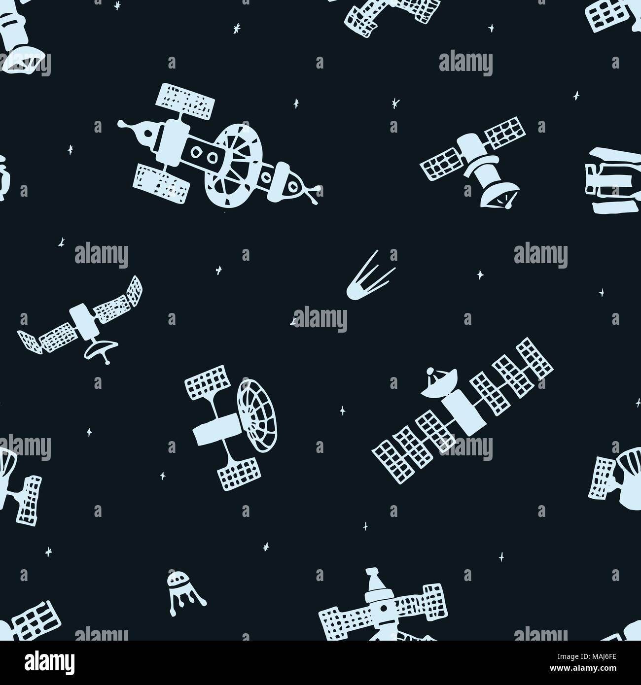 Vektor nahtlose Hand gezeichnet Raum Hintergrund vom Weltraum aus Satelliten und Stern. Doodle raum Muster auf dunklem Hintergrund Stock Vektor