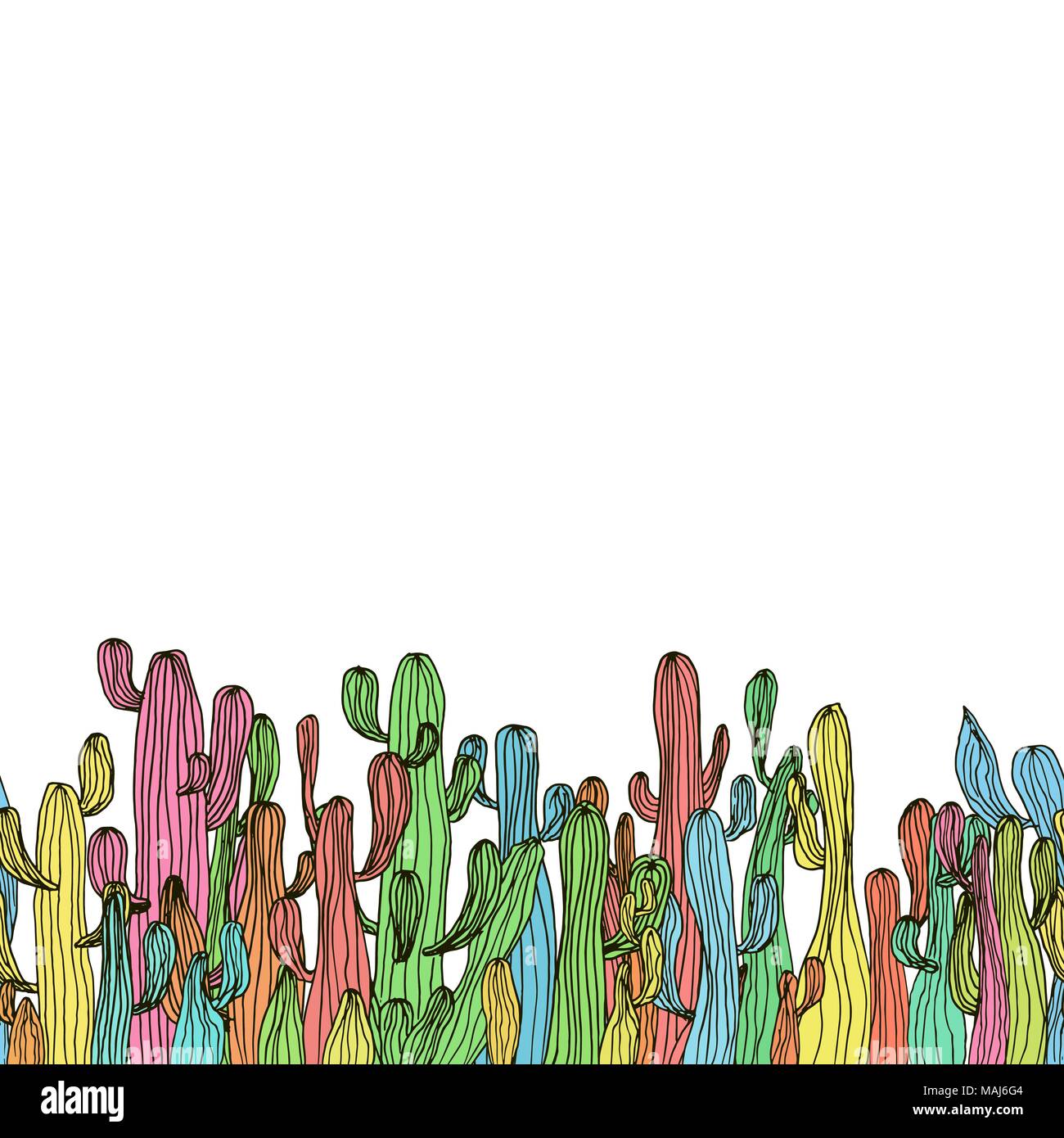 Vektor nahtlose Cactus Grenze von farbenfrohen Saguaro Kaktus. Skizze Kaktus Hintergrund Stock Vektor