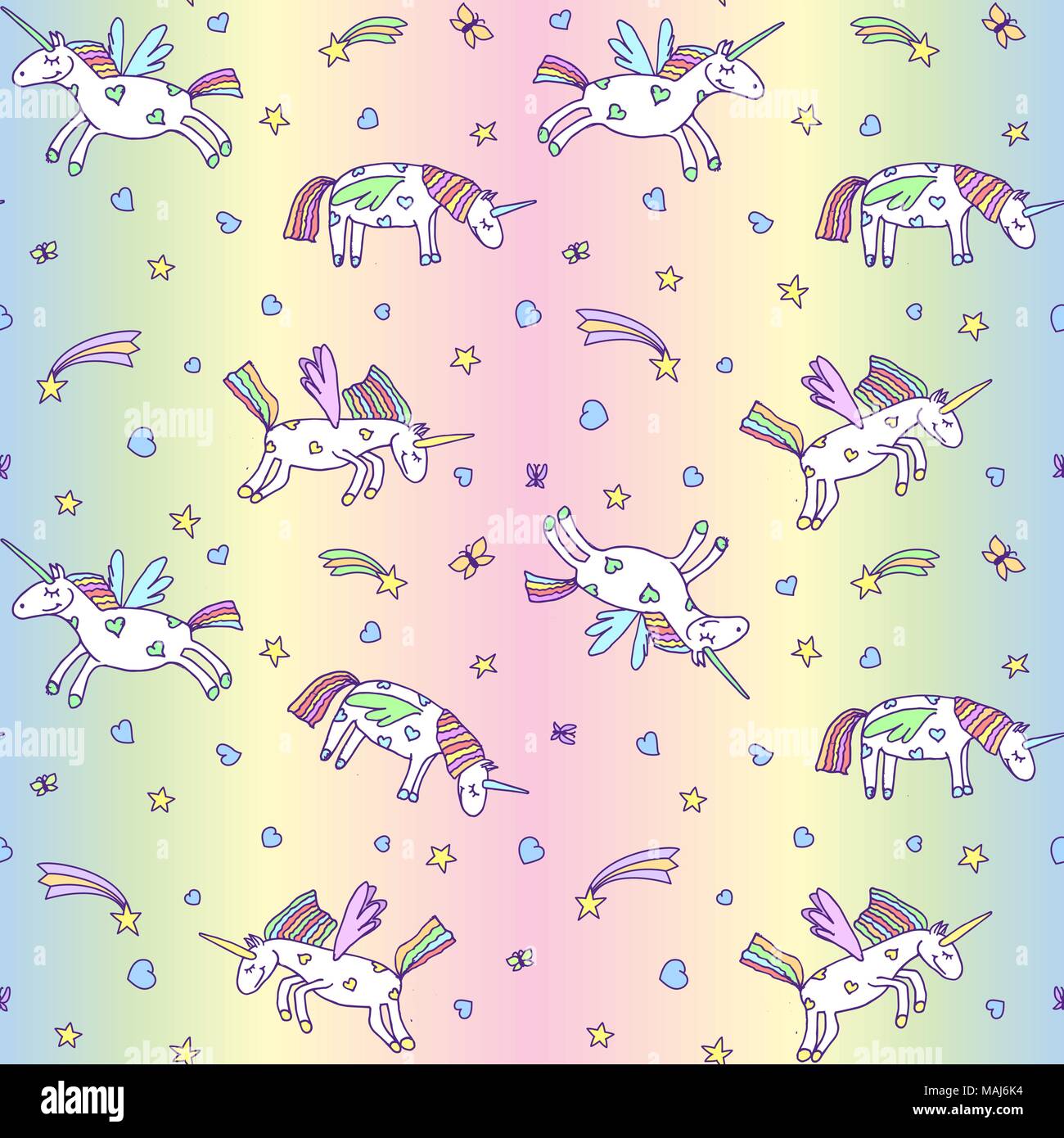 Vector Abbildung: nahtlose Muster von cute Einhörner auf Pastell rainbow Hintergrund. Cartoon Pegasus Textur Stock Vektor