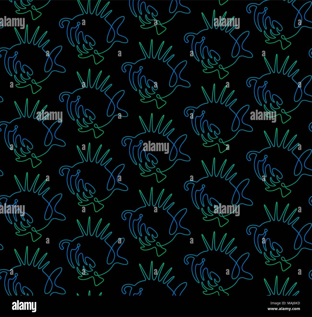 Vektor nahtlose Muster von der kontinuierlichen strichzeichnung Fisch auf schwarzem Hintergrund Stock Vektor