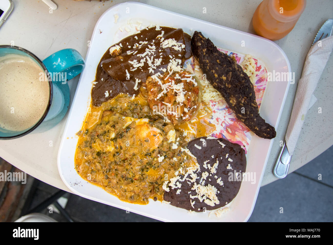 Lokale Spezialität, Huevo de Abolengo enchilada rellena con Mole y tirados im Cafe Cortao, San Luis Potosi, Mexiko Stockfoto