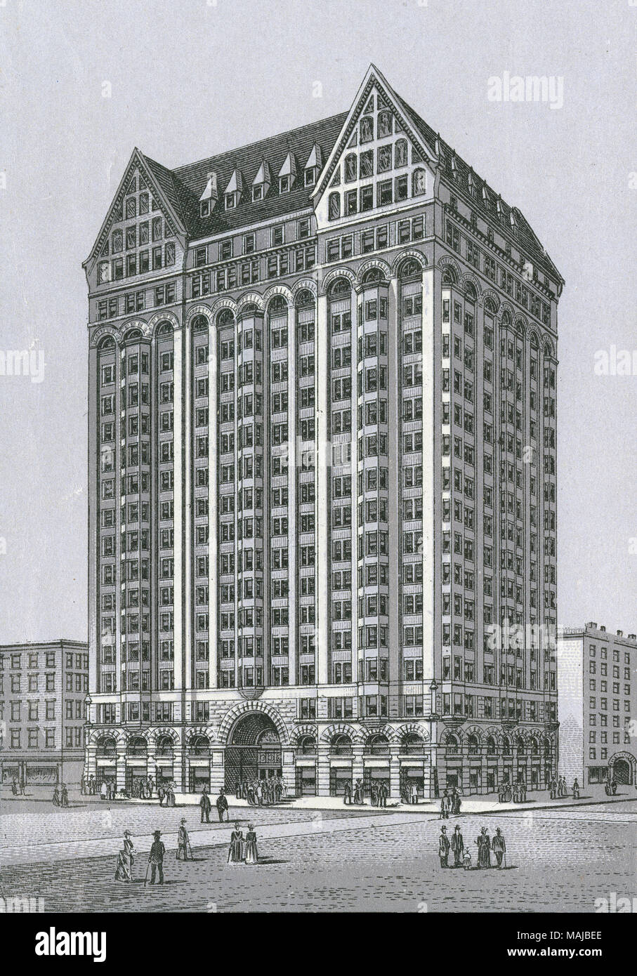 Antike c 1890 monochromen Druck von einem Souvenir album, zeigt die Masonic Temple Building in Chicago, Illinois. Die Masonic Temple Gebäude wurde ein Wolkenkratzer in Chicago, Illinois im Jahr 1892. Von der Firma Burnham und Root entworfen und an der Ecke von Randolph und Straßen gebaut, das Gebäude Rose 21 Geschichten. Bedruckt mit dem Glaser/Frey lithografischen Prozess, ein multi-Stein lithografischen Prozess in Deutschland entwickelt. Stockfoto