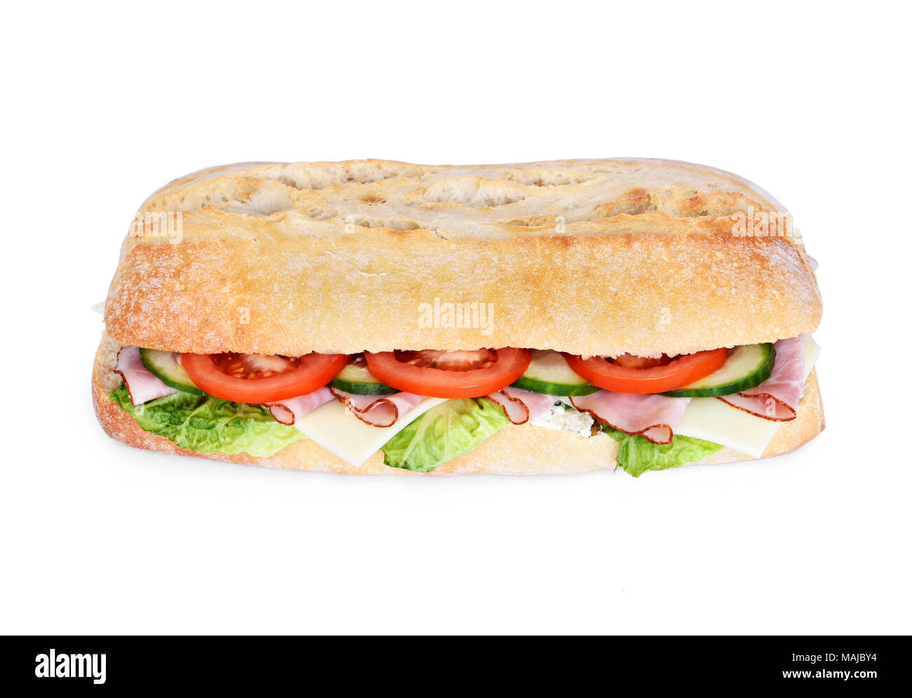 Leckere ciabatta Sandwich mit frischen Tomaten, Schinken und Käse. Salat Sandwich oder Baguette Sandwich, auf weißem Hintergrund. Club Sandwich. Stockfoto