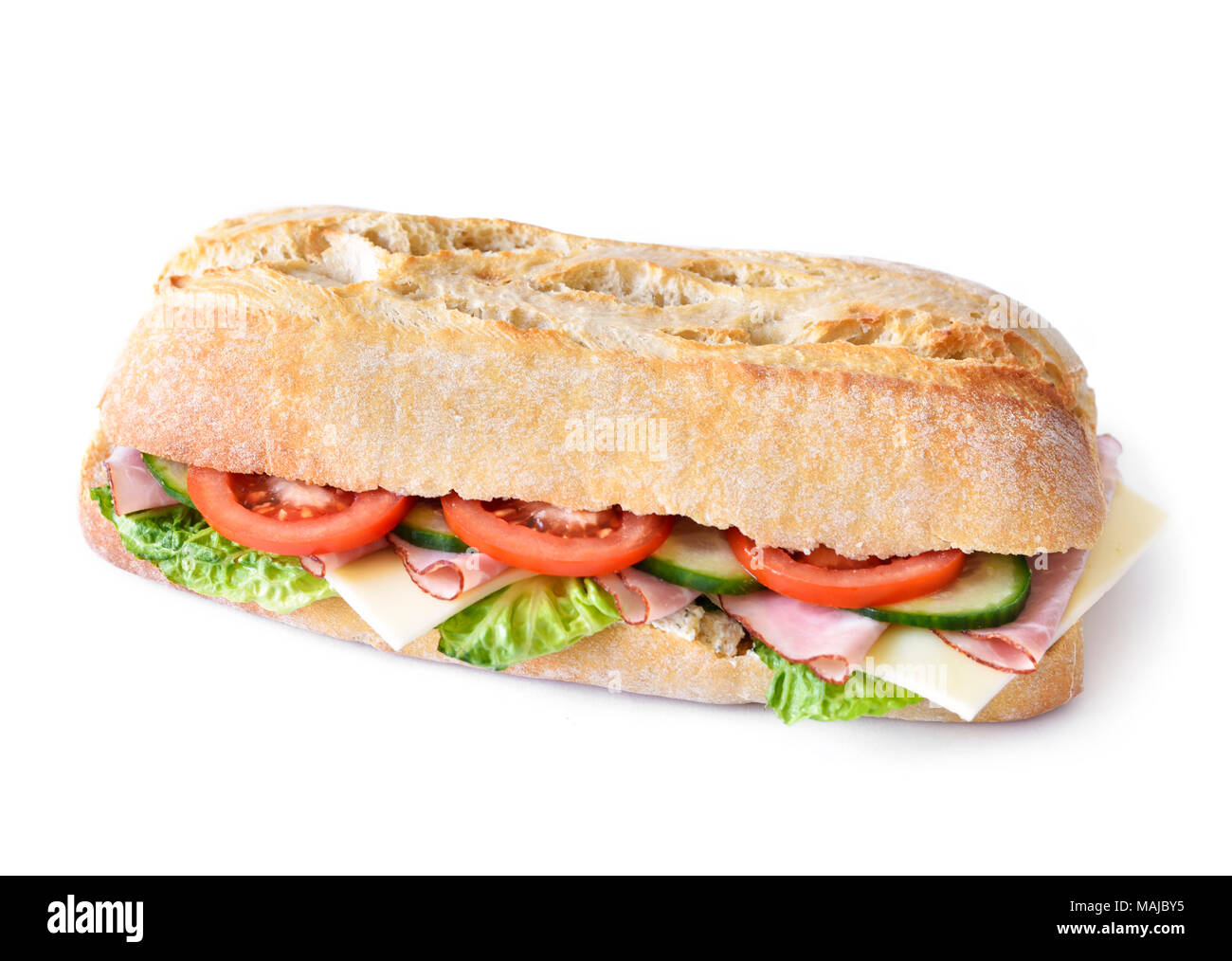 Leckere ciabatta Sandwich mit frischen Tomaten, Schinken und Käse. Salat Sandwich oder Baguette Sandwich, auf weißem Hintergrund. Club Sandwich. Stockfoto