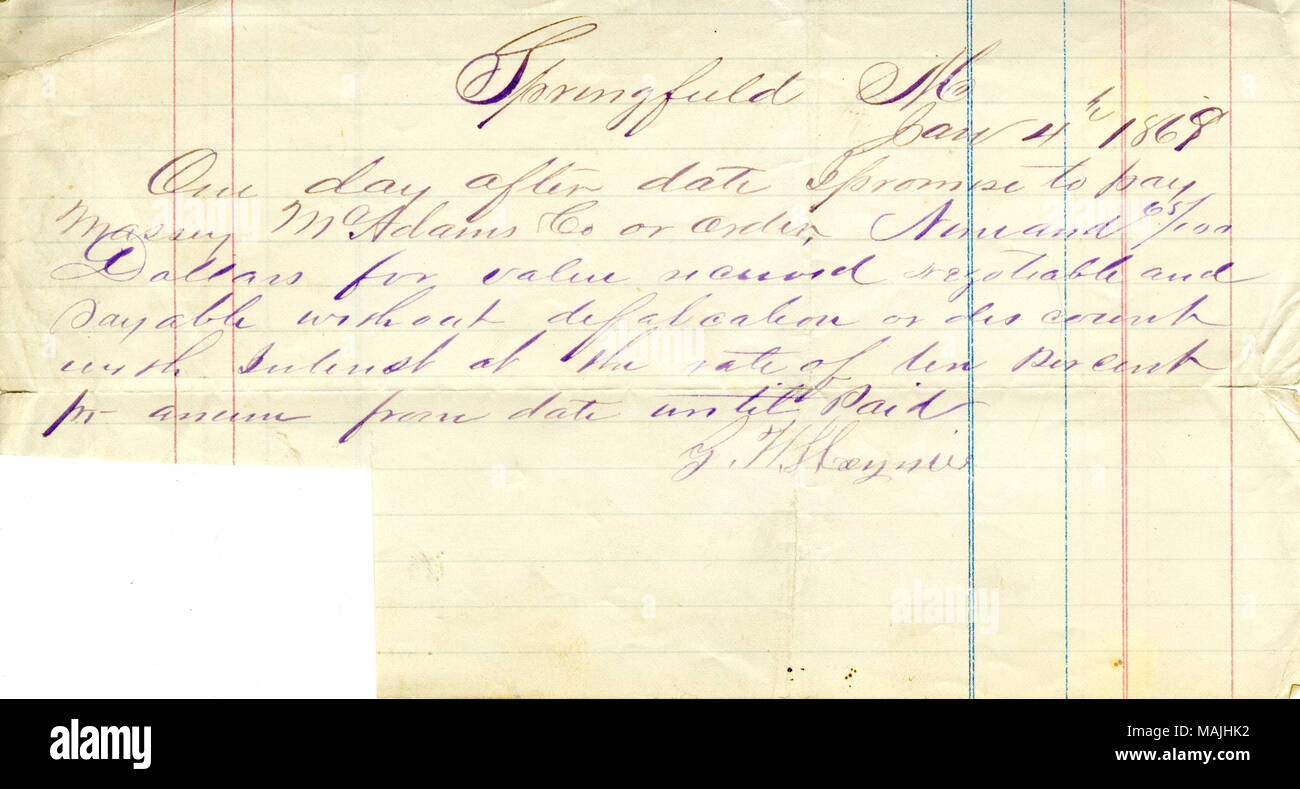 Mitgliedstaaten, die er verspricht Massey und McAdams $ 9,65 am nächsten Tag zu zahlen. Titel: Zahlung Verpfändung von G.H. Haymie, 4. Januar [1861-1865]. Zwischen 1861 und 1865. Haymie, G. H. Stockfoto