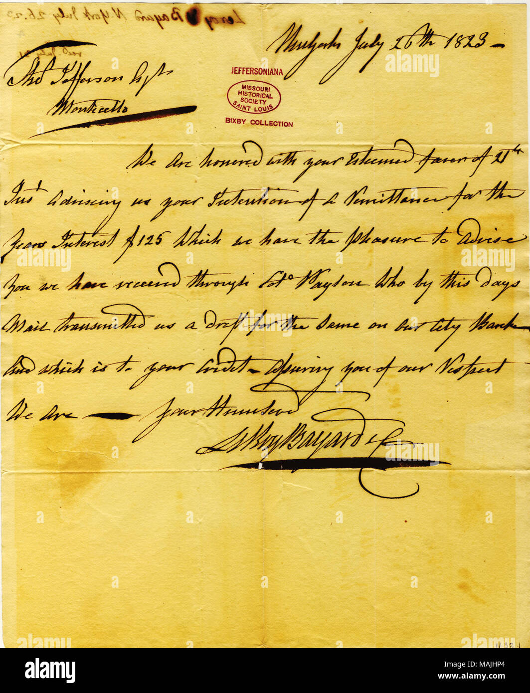 Dank Jefferson für die Überweisung der Zinsen des Jahres. (2 Seiten) Titel: Brief unterzeichnet Leroy, Bayard und Co., New York, zu Thomas Jefferson, 26. Juli 1823. 26. Juli 1823. Leroy, Bayard und Co. Stockfoto