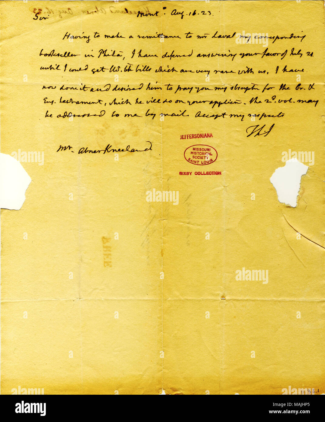 Fragte Herr Laval, Jefferson?s Buchhändler in Philadelphia, sein Abonnement zu bezahlen. (2 Seiten) Titel: Brief unterzeichnet Thomas Jefferson (Initialen), Monticello, Abner Kneeland, 16. August 1823. 16. August 1823. Jefferson, Thomas, 1743-1826 Stockfoto