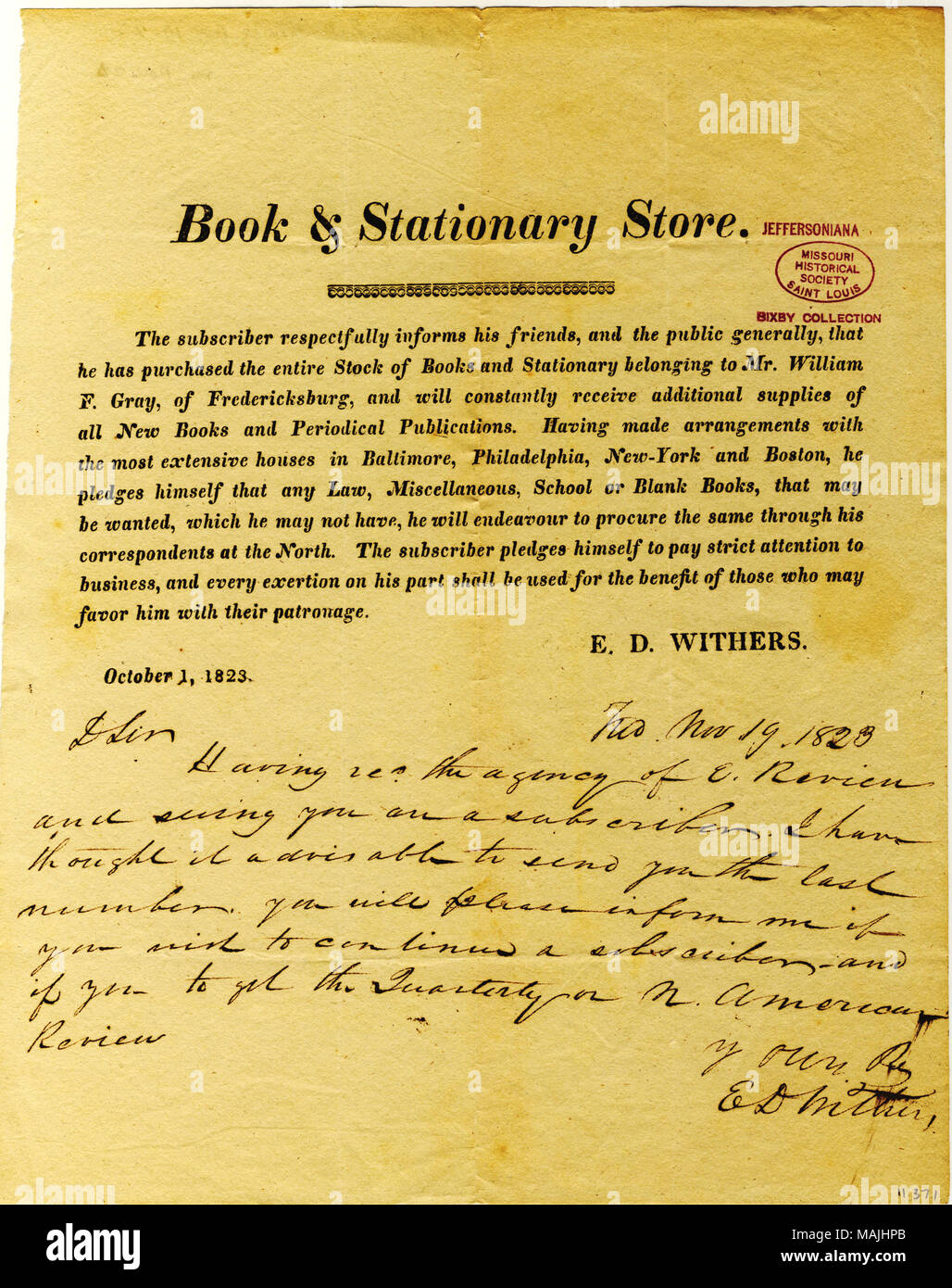 Fragt, ob Jefferson möchte als Abonnent der Edinburgh Review, um fortzufahren. (Dieser Brief ist im unteren Teil des kreisförmigen für Buch Withers' und stationären Store geschrieben. Es wirbt, dass er den gesamten Bestand an Bücher und Schreibwaren von William F. Grau von Fredericksburg erworben hat.) (2 Seiten) Titel: Brief unterzeichnet E.D. Widerrist, Fredericksburg, zu Thomas Jefferson, 19. November 1823. 19. November 1823. Widerrist, E.D. Stockfoto