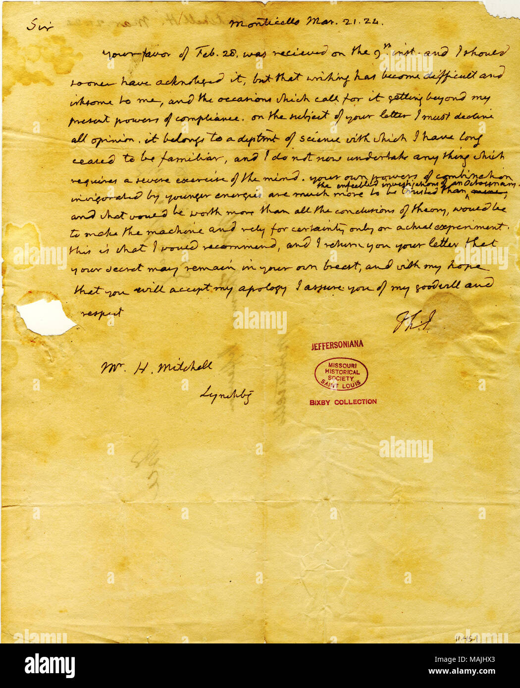 Lehnt alle Stellungnahmen zu den Mitchell's Brief und berät er Sie in eine Abteilung für Wissenschaft zu senden. (2 Seiten, Polygraph) Titel: Brief unterzeichnet Thomas Jefferson (Initialen), Monticello, zu H. Mitchell, Lynchburg, 21. März 1824. 21. März 1824. Jefferson, Thomas, 1743-1826 Stockfoto