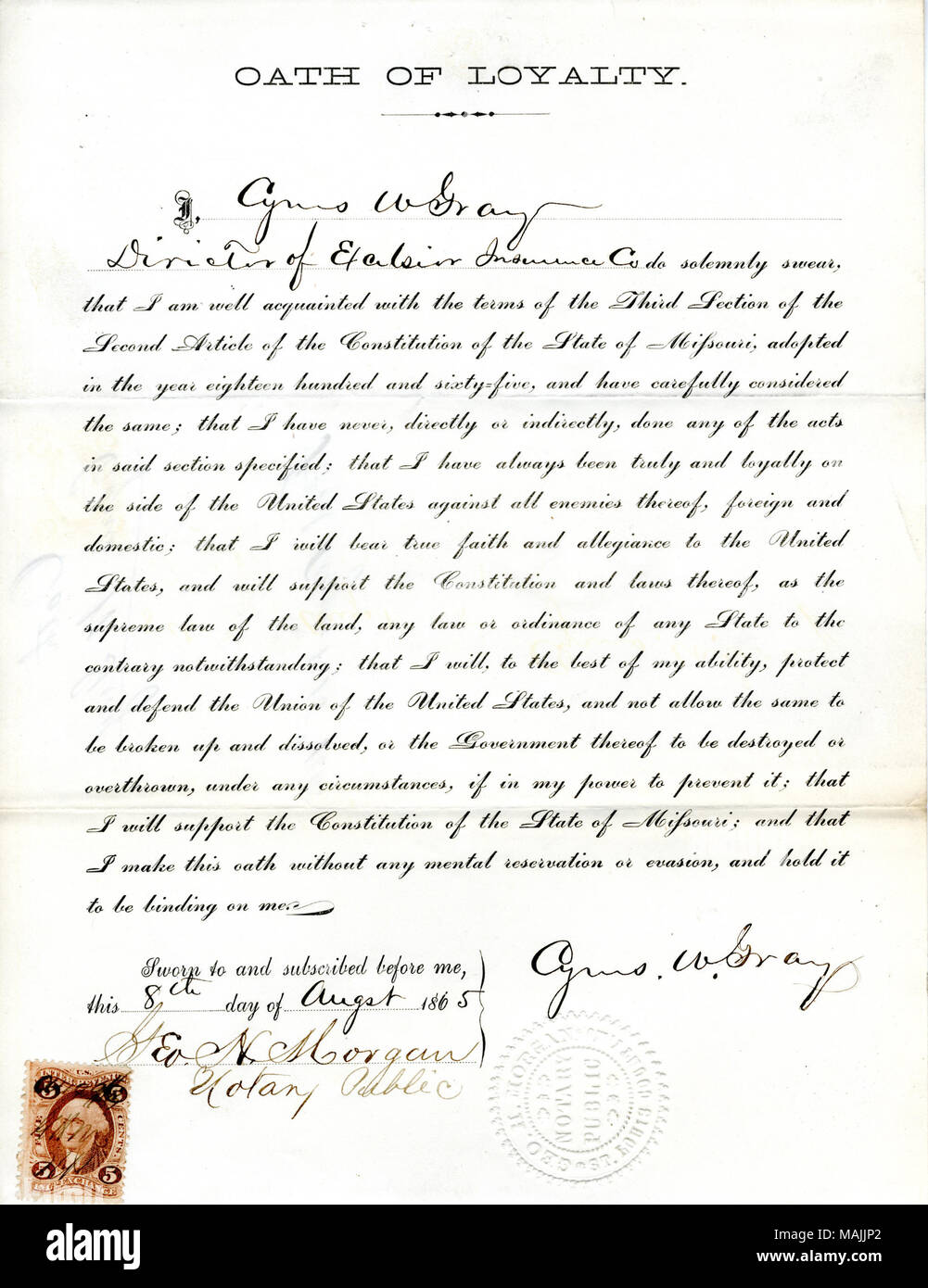 Schwört den Eid der Treue gegenüber der Regierung der Vereinigten Staaten und des Staates Missouri. Titel: Treue Schwur von Cyrus W. Grau von Missouri, Grafschaft von St. Louis. 15. August 1865. Grau, C. W. Stockfoto
