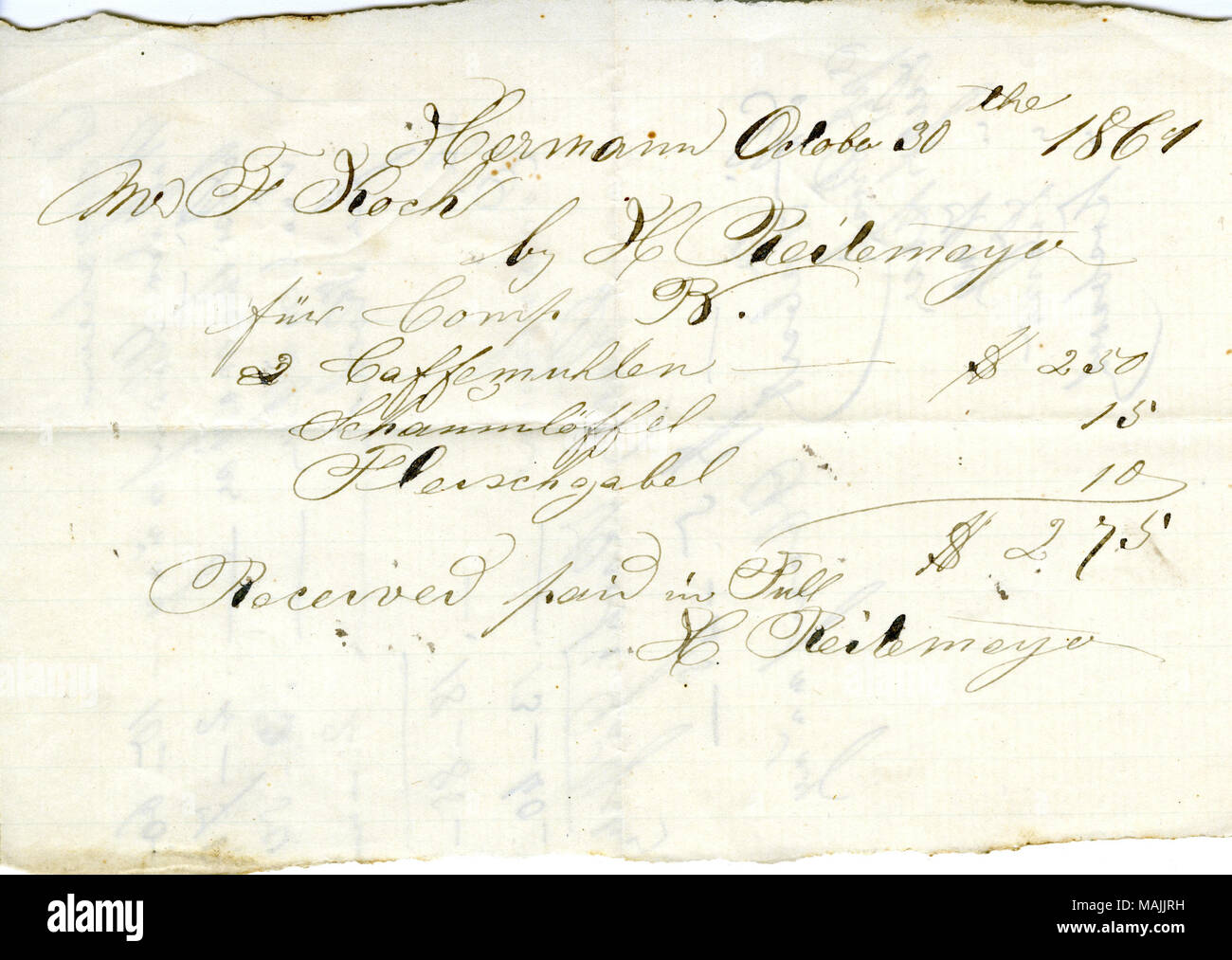 Titel: Eingang der Zahlung, signiert H. Reilemeyer, 30. Oktober 1861. 30. Oktober 1861. Reilemeyer, H. Stockfoto