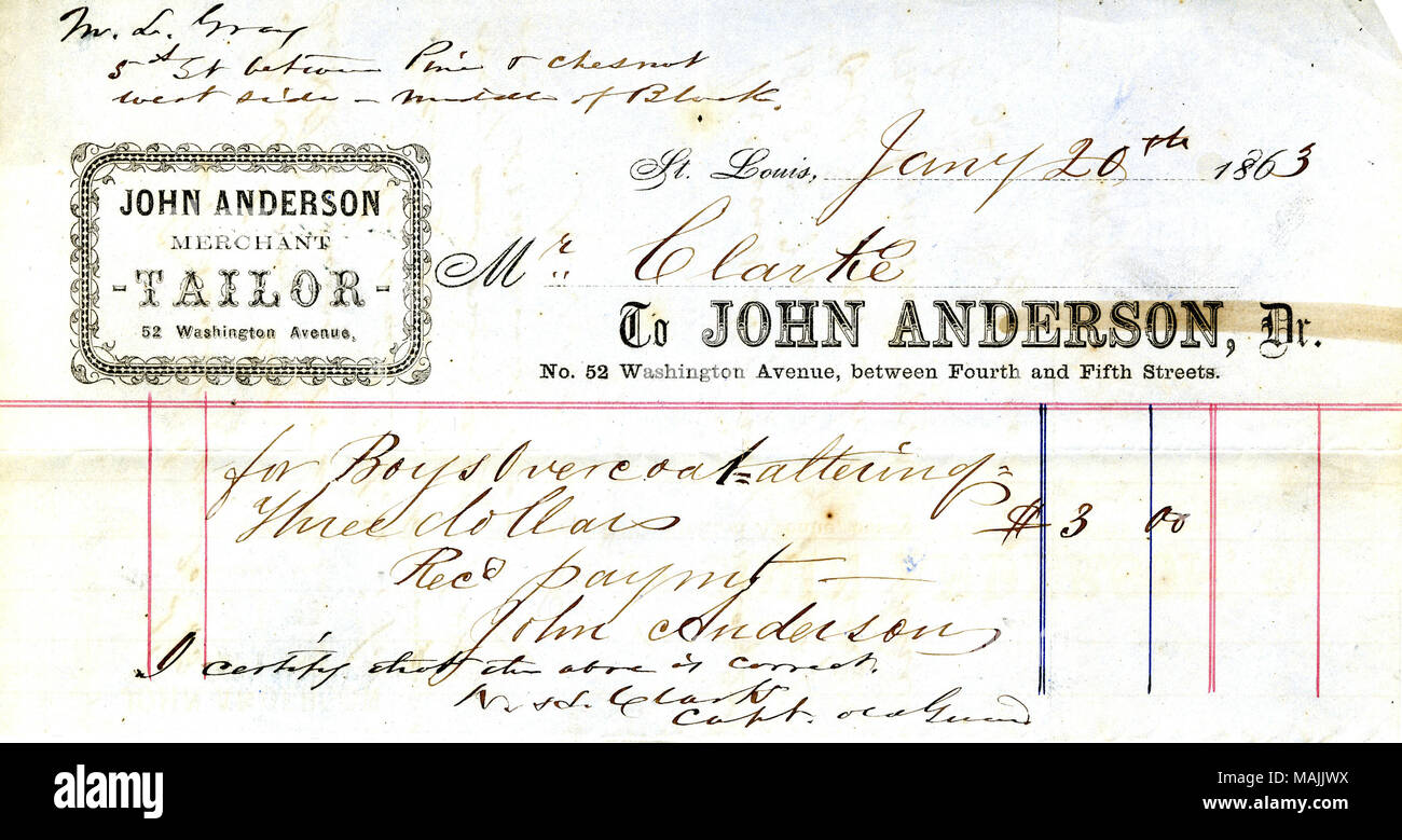 Zahlung für Mantel zu ändern. Titel: Quittung für die Zahlung von $ 3,00 erhielt von John Anderson von M.L. Grau der alten Garde (St. Louis, MO), 20. Januar 1863. 20. Januar 1863. Clark, N.H. Stockfoto