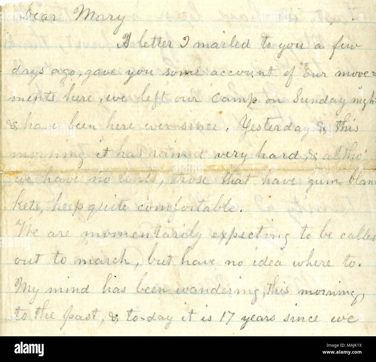 Gibt einen Überblick über die Schlacht von Iuka. Transkription: [September 1861] ein Schreiben, das ich Ihnen vor ein paar Tagen gemailt, Liebe Maria, gab sie einige unserer Bewegungen Hier haben wir unser Camp am Sonntag nacht links & haben sich hier seitdem gewesen. Gestern und heute Morgen hat es geregnet hat sehr hart, und obgleich? Wir haben keine Zelte, die Pistole decken, ziemlich komfortabel. Wir erwarten augenblicklich heraus aufgerufen werden, bis März, haben aber keine Ahnung wo. Meine Meinung ist, dieser Morgen, in die Vergangenheit, und heute ist es 17 Jahre her, seit wir [Abschnitt des Briefes fehlt] letzte haben wir in einem schrecklichen b Stockfoto