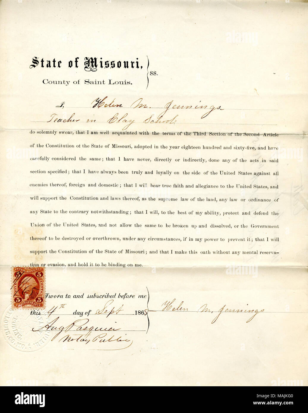 Schwört den Eid der Treue gegenüber der Regierung der Vereinigten Staaten und des Staates Missouri. Titel: Treue Schwur von Helen M. Jennings von Missouri, Grafschaft von St. Louis. 4. September 1865. Jennings, H. Stockfoto