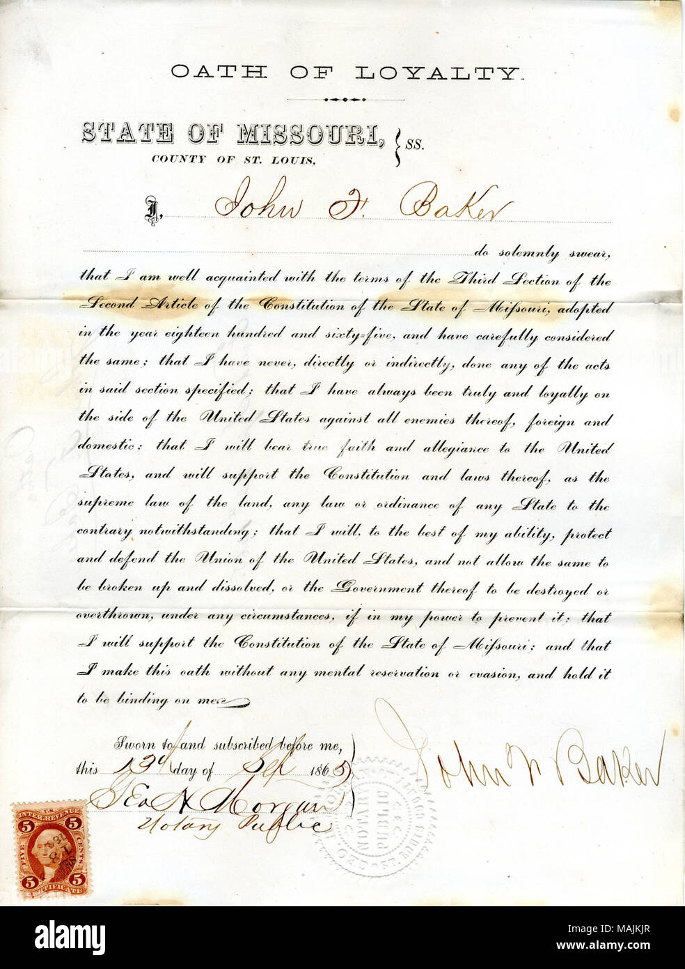 Schwört den Eid der Treue gegenüber der Regierung der Vereinigten Staaten und des Staates Missouri. Titel: Treue Schwur von John F. Bäcker von Missouri, Grafschaft von St. Louis. 13. September 1865. Baker, John F. Stockfoto