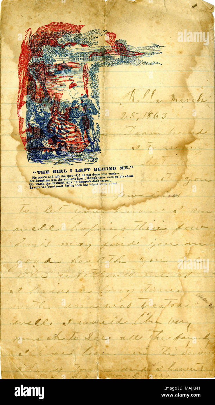 Nennt den letzten harten Wahlkampf in Arkansas und Missouri und den Wunsch zu entladen. Illustrierte Schreibwaren. Titel: Brief von John Nolen, Rolla, einem Freund, 25. März 1863. 25. März 1863. Nolen, John Stockfoto