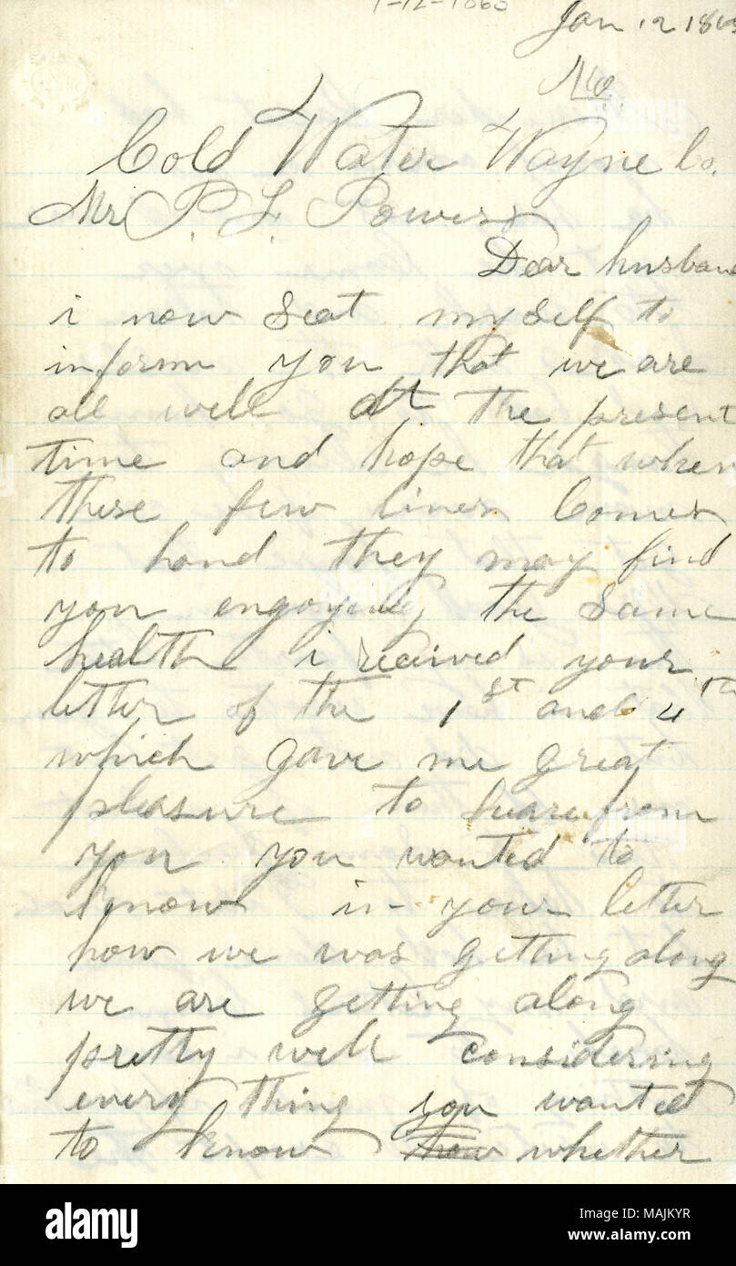 Drückt seinen Wunsch nach Macht ihn und die anderen Soldaten im Krankenhaus zu besuchen. Transkription: Krankenhaus Nr. 19 Station 2 d Nashville Tenn Jan 12 1865 Liebe Capt ich an dieser Stelle schreiben Sie ein paar Zeilen um Sie wissen zu lassen, wie ich bin, ich bin in der Lage zu sein, und ich denke, dass ich bald in der Lage sein werden, zu meiner Firma bald zu gehen, haben wir für Sie schrieb drei Buchstaben vor dieser Sim-goldenen und Christerfer [Christopher] ist gestorben, seit sie mich verlassen und Ben ist noch hören, wir wollen euch zu kommen oder uns häufig sofort senden möchten wir nicht geschickt, um an einer Dieser baraks werden wir nicht gehört haben, umarmen Stockfoto
