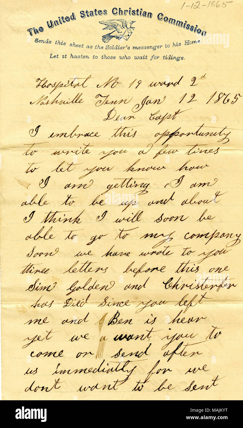 Bespricht lokale Nachrichten, einschließlich der Tod eines Bekannten. Mit Umschlag. Transkription: Jan 12 1865 Mo. Kaltes Wasser [Coldwater] Wayne Co. Herr S. L. Befugnisse lieber Ehemann jetzt sitz ich mich, Ihnen mitteilen zu können, dass wir Alle sind gut in der heutigen Zeit und hoffe, dass, wenn diese wenigen Zeilen zur Hand haben, können Sie geniessen die gleichen Gesundheit erhielt ich Ihr Schreiben vom 1. und 4. Das gab mir eine große Freude, von Ihnen zu heare wollten Sie in Ihrem Brief an Wissen, wie wir immer zusammen Wir sind ziemlich gut wenn man alles, was man wissen wollte, wie ob Alexander Barret verschoben hatte, Stockfoto