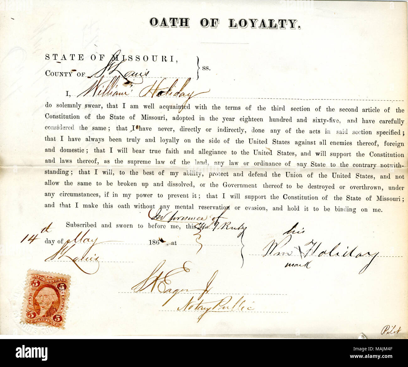 Schwört den Eid der Treue gegenüber der Regierung der Vereinigten Staaten und des Staates Missouri. Titel: Treue Schwur von William Urlaub von Missouri, Grafschaft von St. Louis. 14. Mai 1866. Urlaub, W. Stockfoto