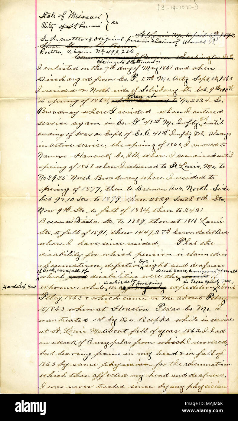 Umrisse Roetter der Militärdienst. Titel: Rente Anspruch von Arnold S. Roetter, 14. März 1892. 14. März 1892. Roetter, Arnold S., 1835-1917 Stockfoto