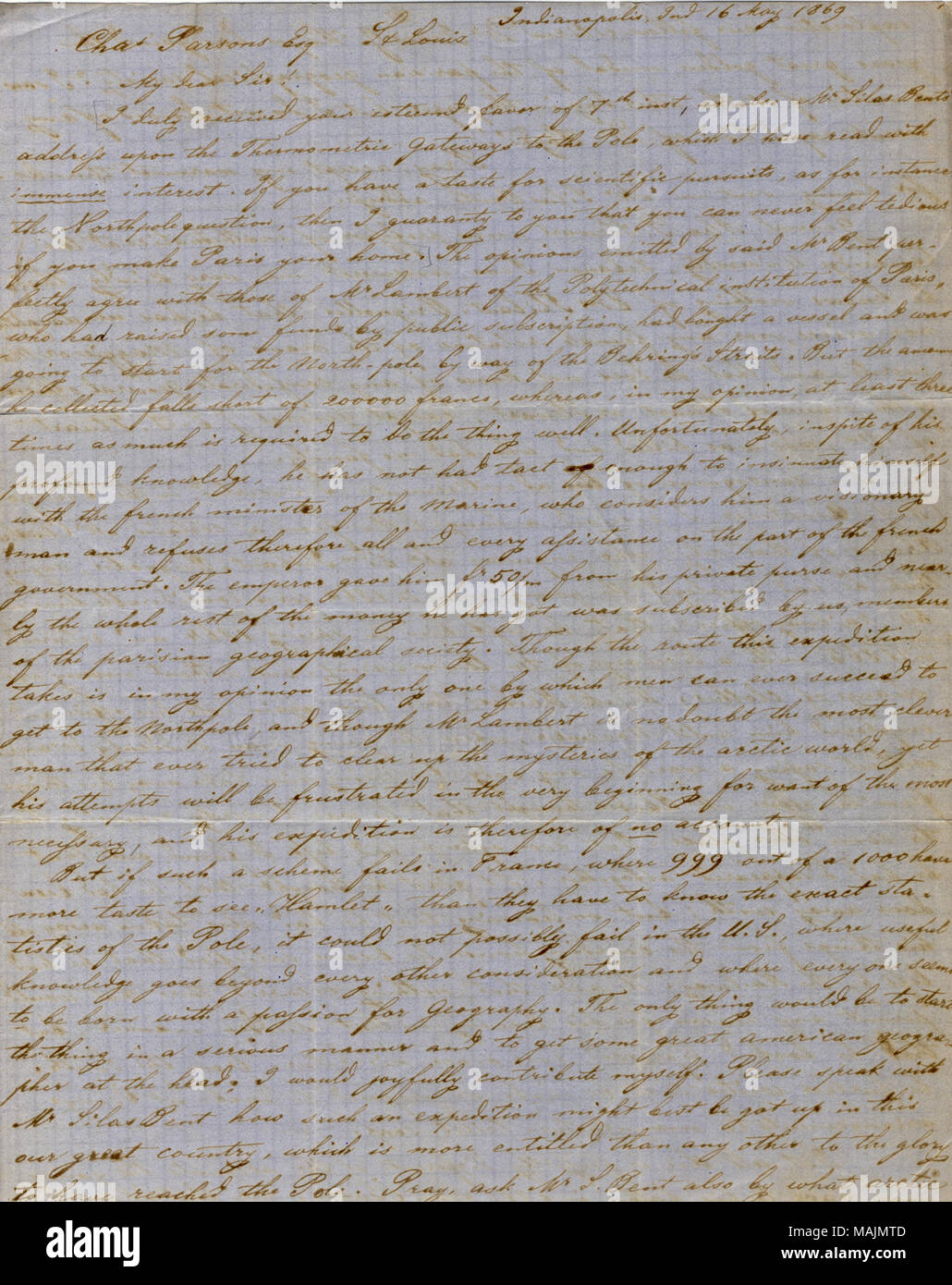 Beschreibt eine Expedition zum Nordpol und der Verbleib von Edward Thibault-Brignolles. Titel: Brief von Heinrich Schliemann, Indianapolis, Charles Parsons, 16. Mai 1869. 16. Mai 1869. Schliemann, Heinrich Stockfoto